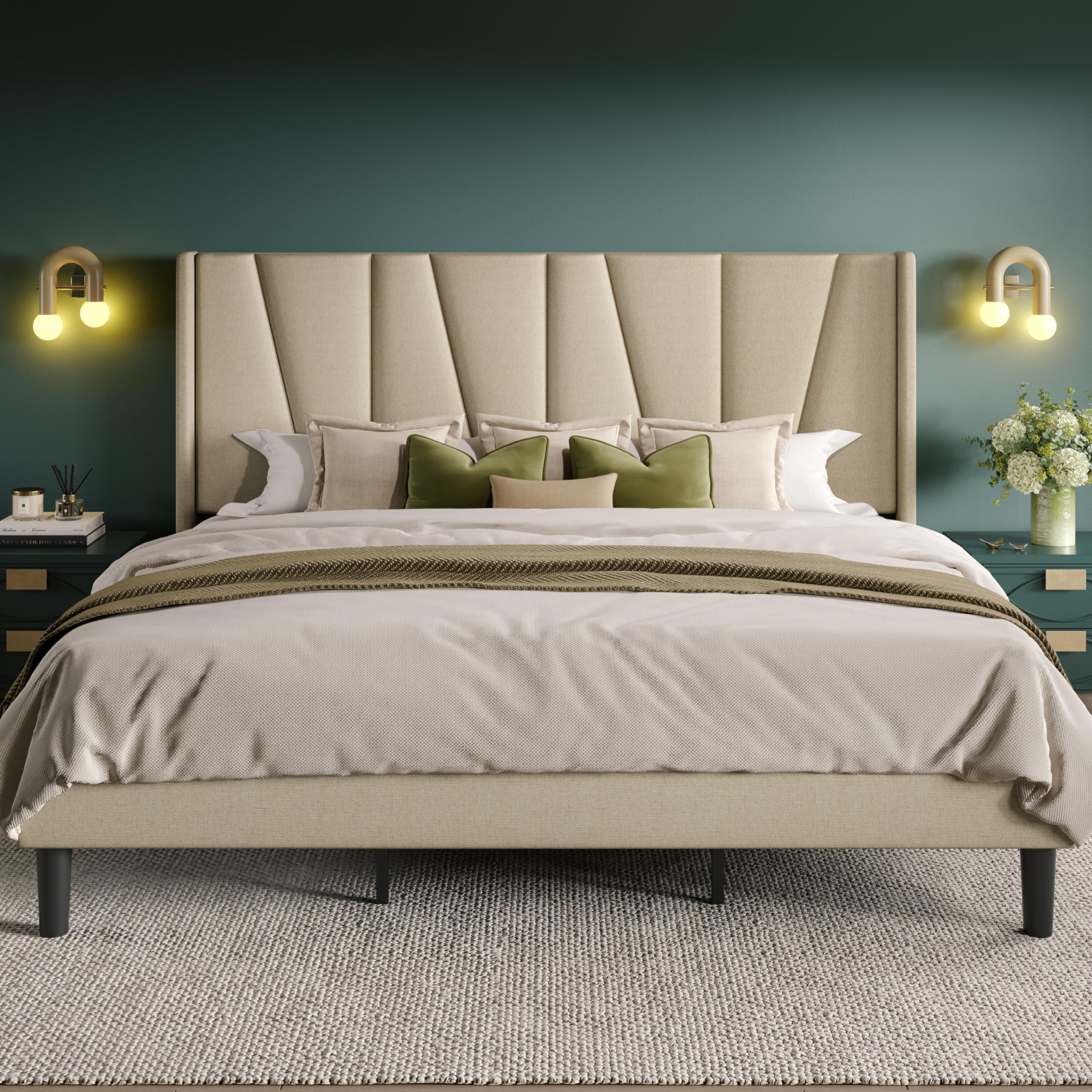 Allewie King Size Platform Bed Frame with Geometric Wingback Headboard, Modern Upholstered Bed with Wooden Slats Support, No Box