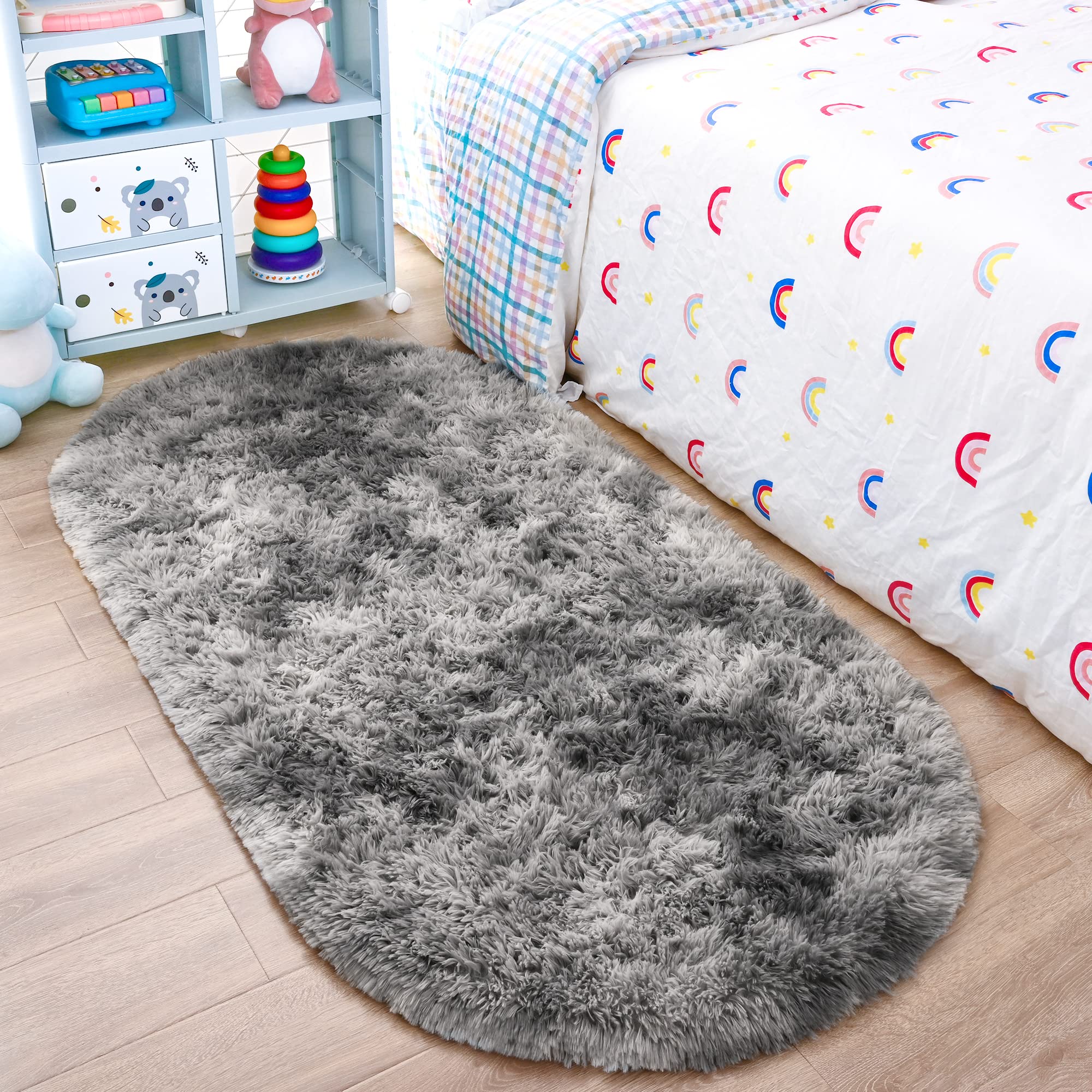 Noahas Oval Fluffy Grey Rainbow Rug 2.6X5.3 Small Kids Rugs for Bedroom Girls And Boys Aesthetic,Bedside Bedroom Rug,Ultra Soft 