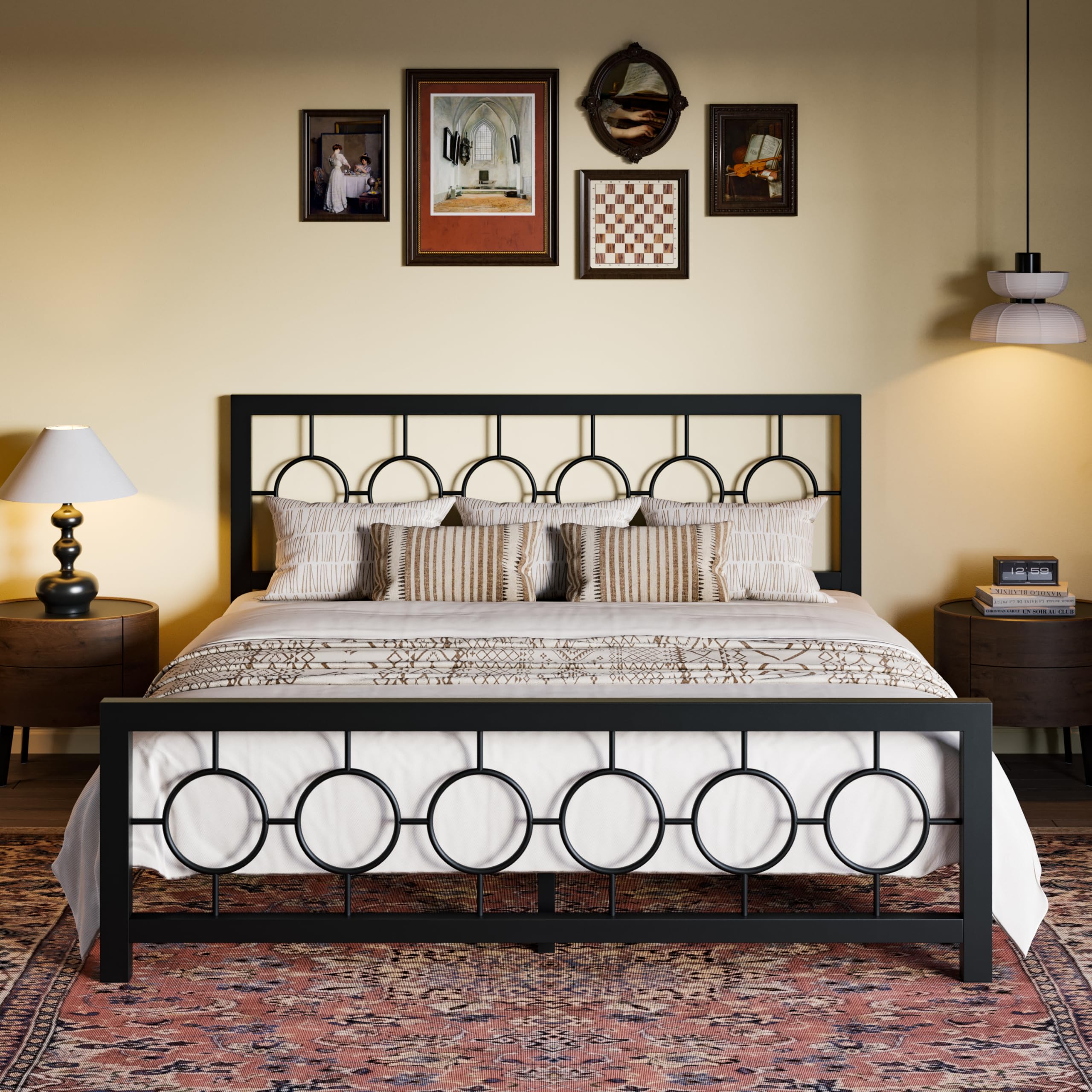 SHA CERLIN King Size Metal Bed Frame with Vintage Circular Design Headboard and Footboard,No Box Spring Required,Easy Assembly,N
