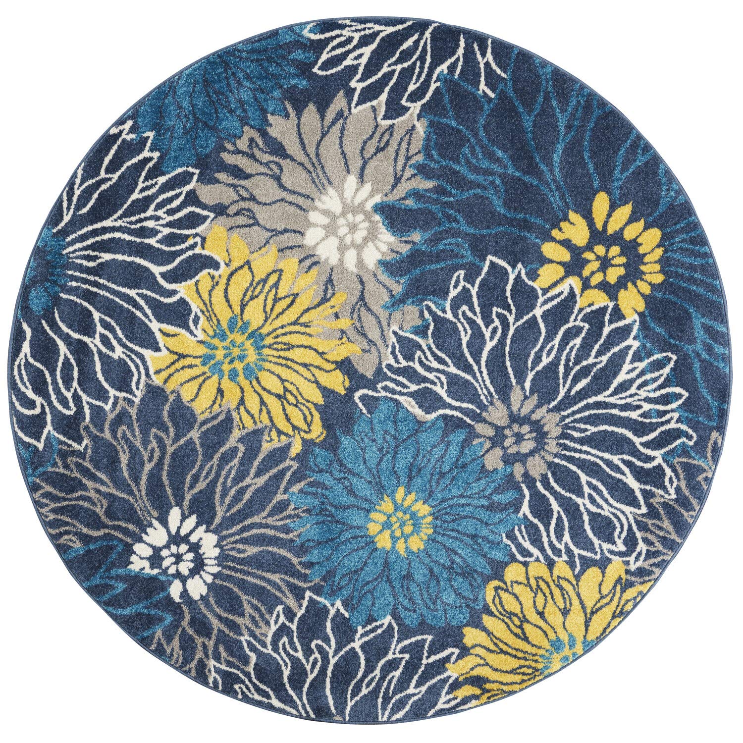 Nourison Passion Blue 53 x Round Area Rug, Floral, Farmhouse, Easy Cleaning, Non Shedding, Bed Room, Living Room, Dining Room, 