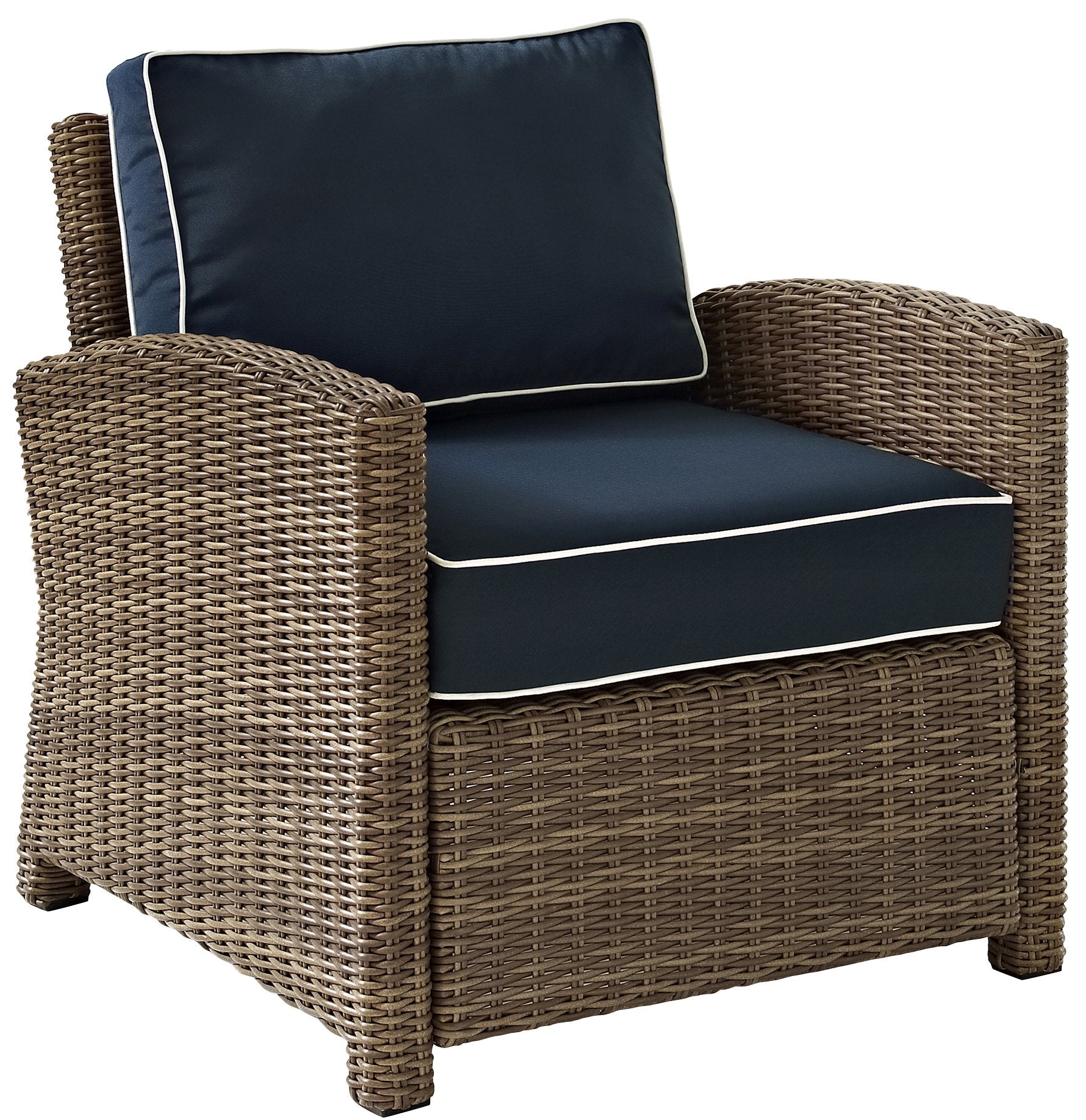 Crosley Furniture Bradenton Outdoor Chair, Wicker Patio Chairs for Porch, Deck, Balcony, Backyard, Brown with Navy Cushions