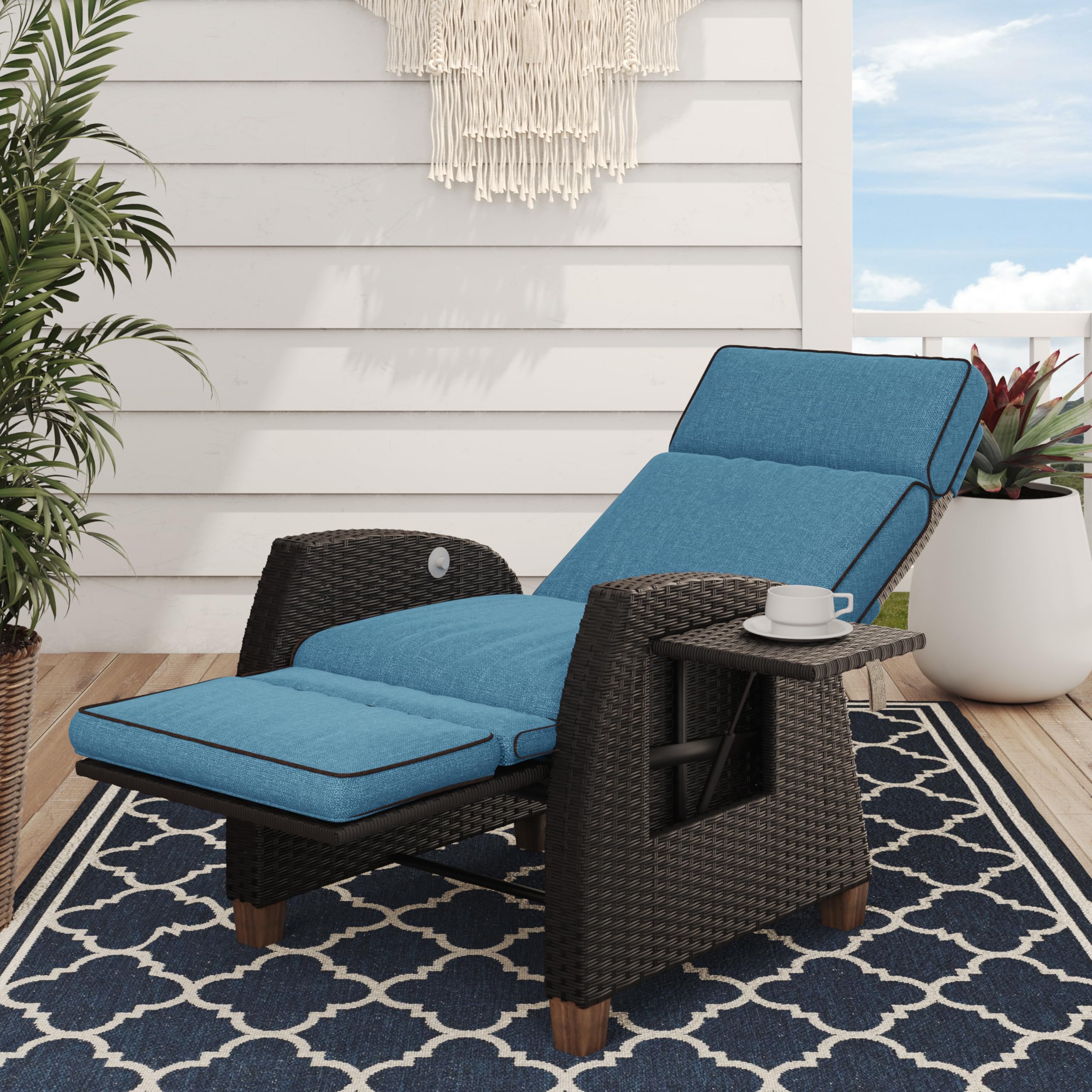 Grand patio Outdoor Recliner Chair Patio 150 Lay Flat Recliner with Flip Table Wicker Reclining Lounge Chair Peacock Blue