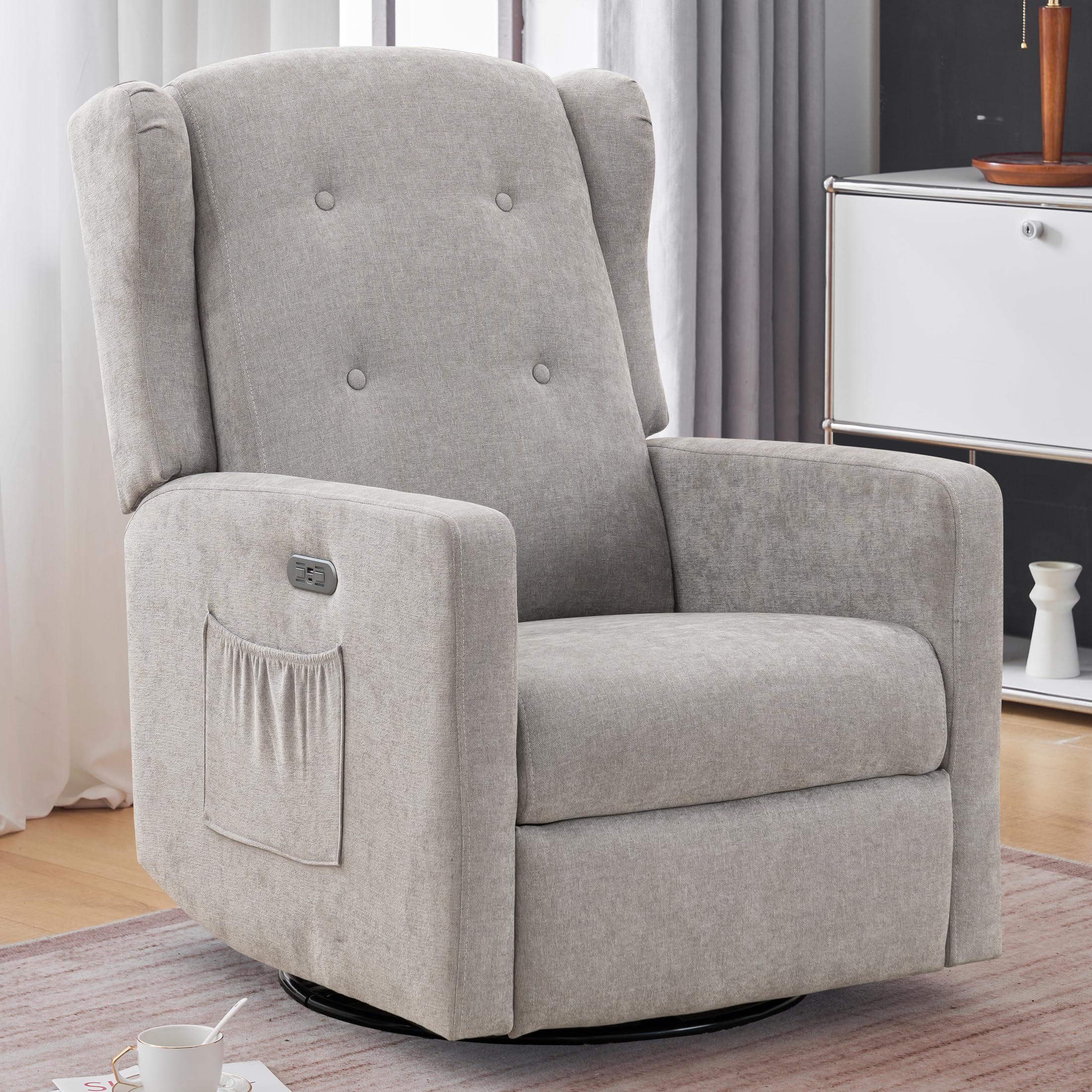 Ketaiyou Power Swivel Rocking Recliner Chair, Electric Rocker Nursery Glider Chair, USB and Type-C Ports, Upholstered Fabric Rec