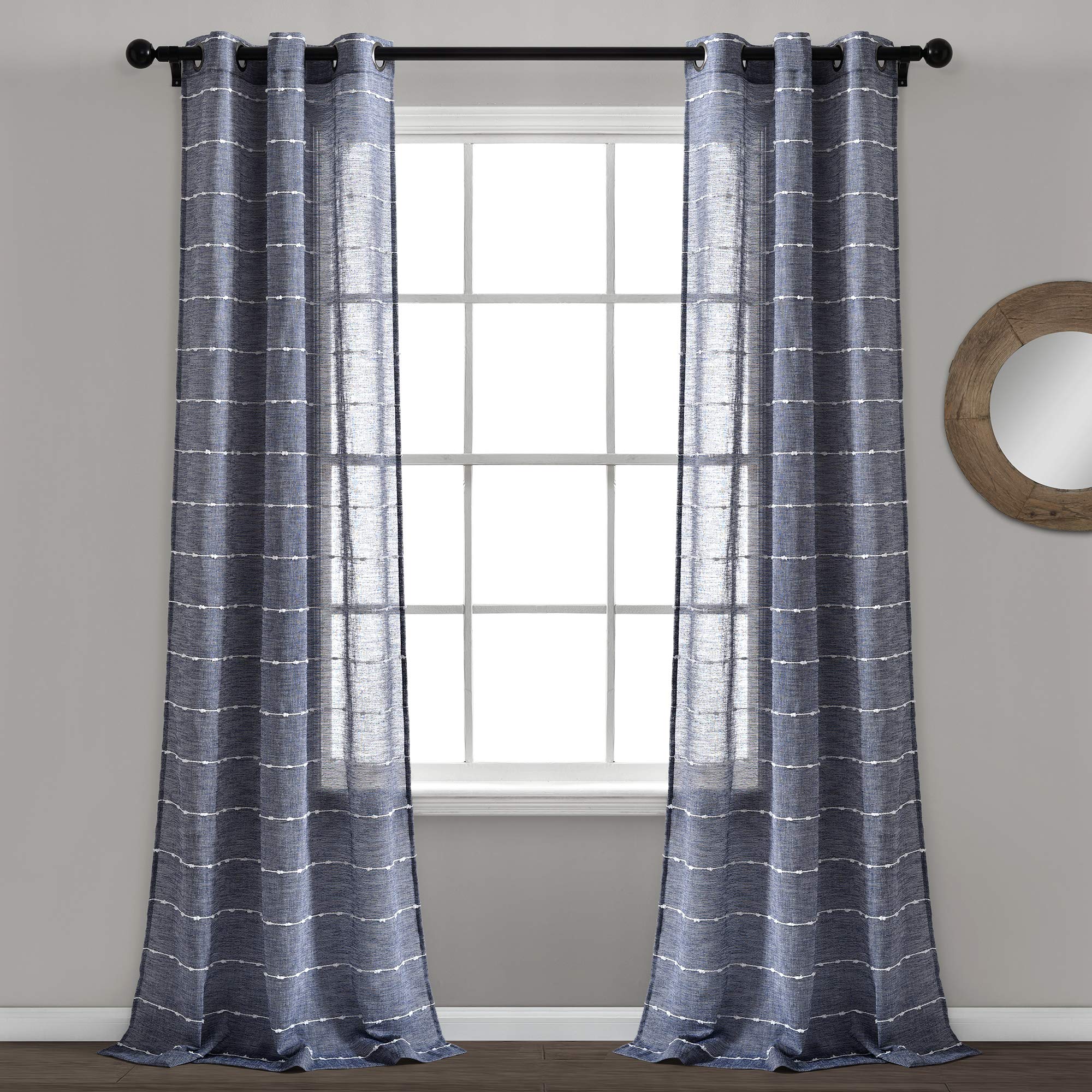 Lush Decor Farmhouse Textured Grommet Sheer Window Curtain Panel Pair, 38W x 95L, Navy
