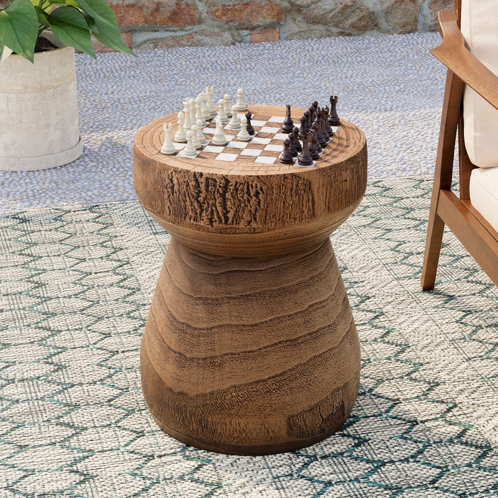 COSIEST Outdoor Side Table w Chessboard, 14Concrete Faux Wooden Garden Stool, Lightweight Decor Outdoor Round End Table, Plant