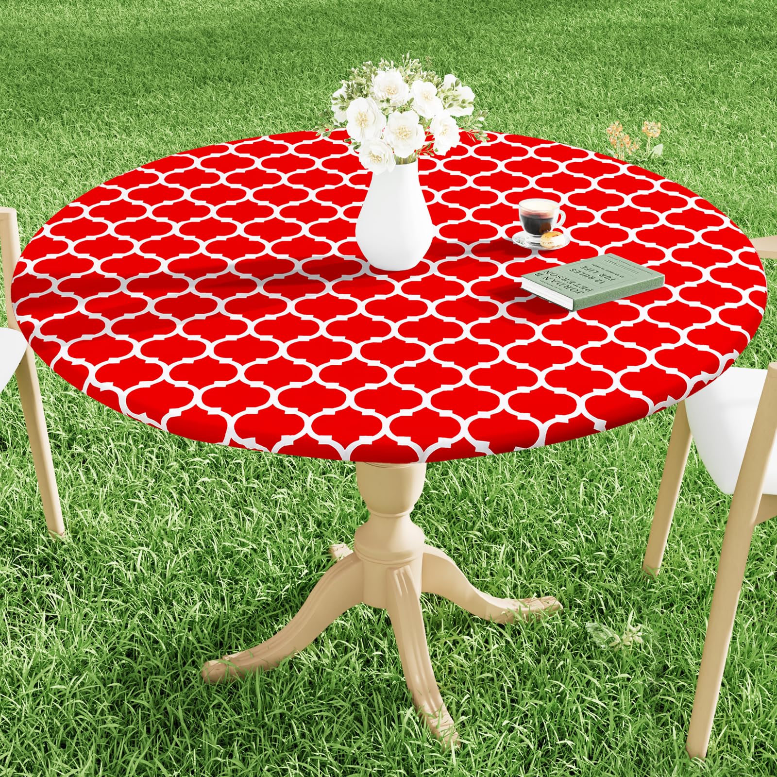 Smiry Round Picnic Tablecloth, Waterproof Elastic Fitted Table Covers for 57 - 68 Tables, Wipeable Flannel Backed Vinyl Tableclo