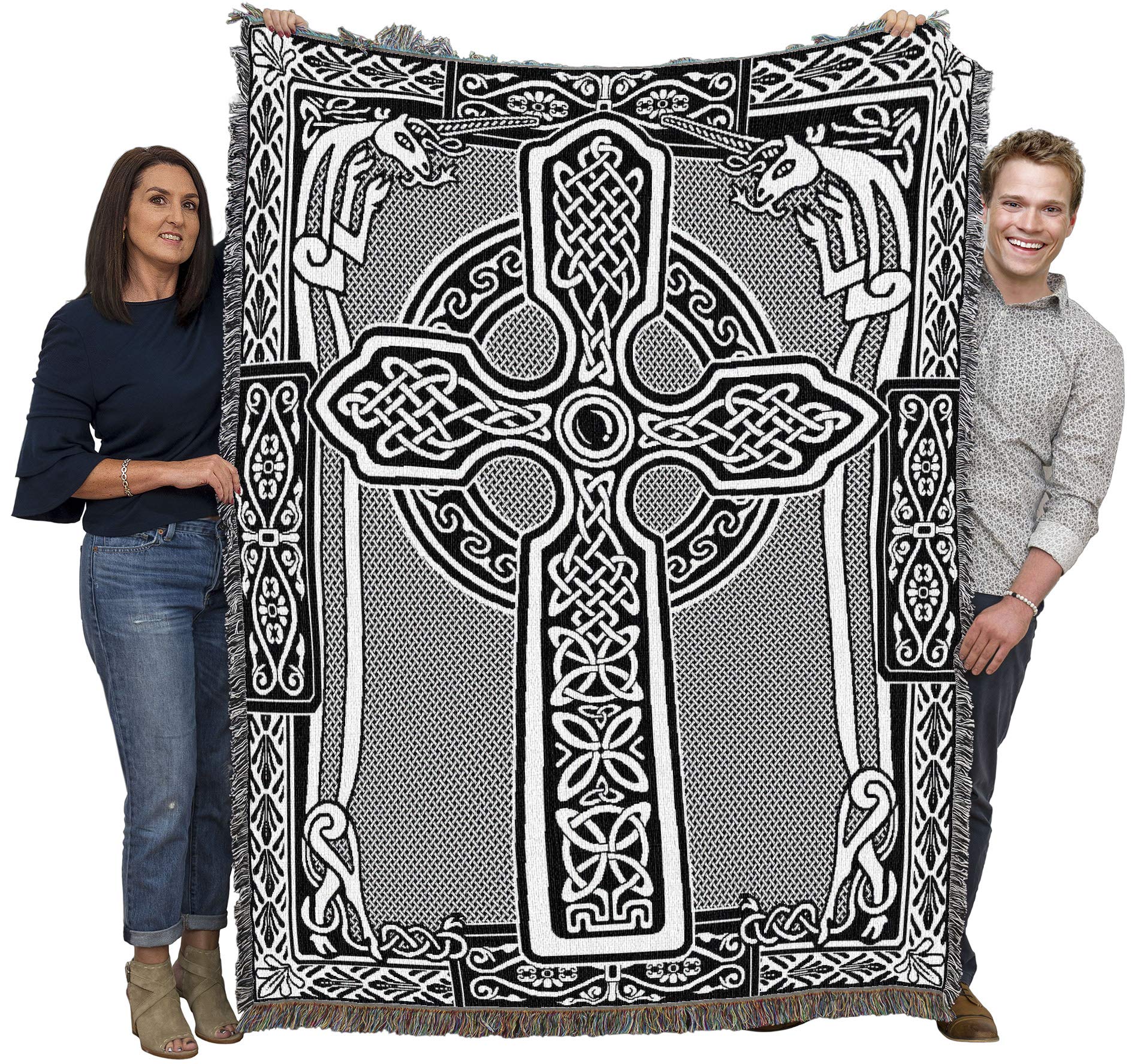 Pure Country Weavers Celtic Knots Cross with Unicorn Blanket - Black & White - Gift Tapestry Throw Woven from Cotton - Made in T