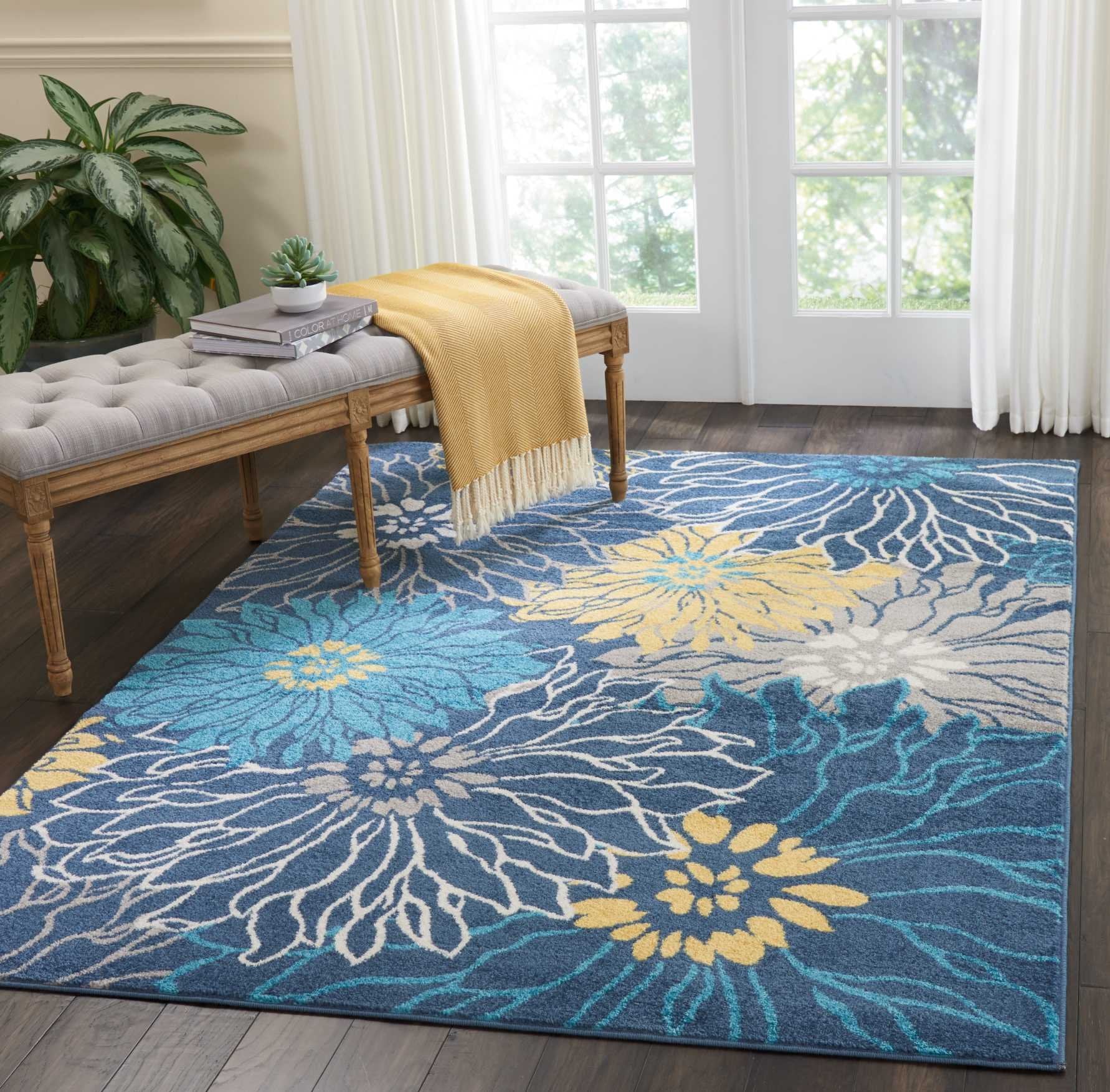 Nourison Passion Blue 53 x 73 Area Rug, Floral, Farmhouse, Easy Cleaning, Non Shedding, Bed Room, Living Room, Dining Room, Ki