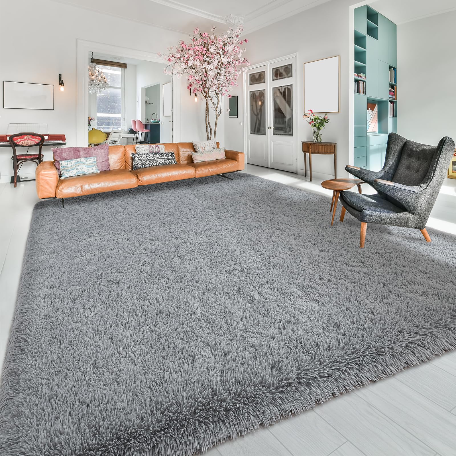 Softlife Grey 4x5.3 Feet Area Rug for Living Room Bedroom Super Soft Shaggy Rugs for Boys Girls Kids Room Fluffy Fuzzy Carpets L