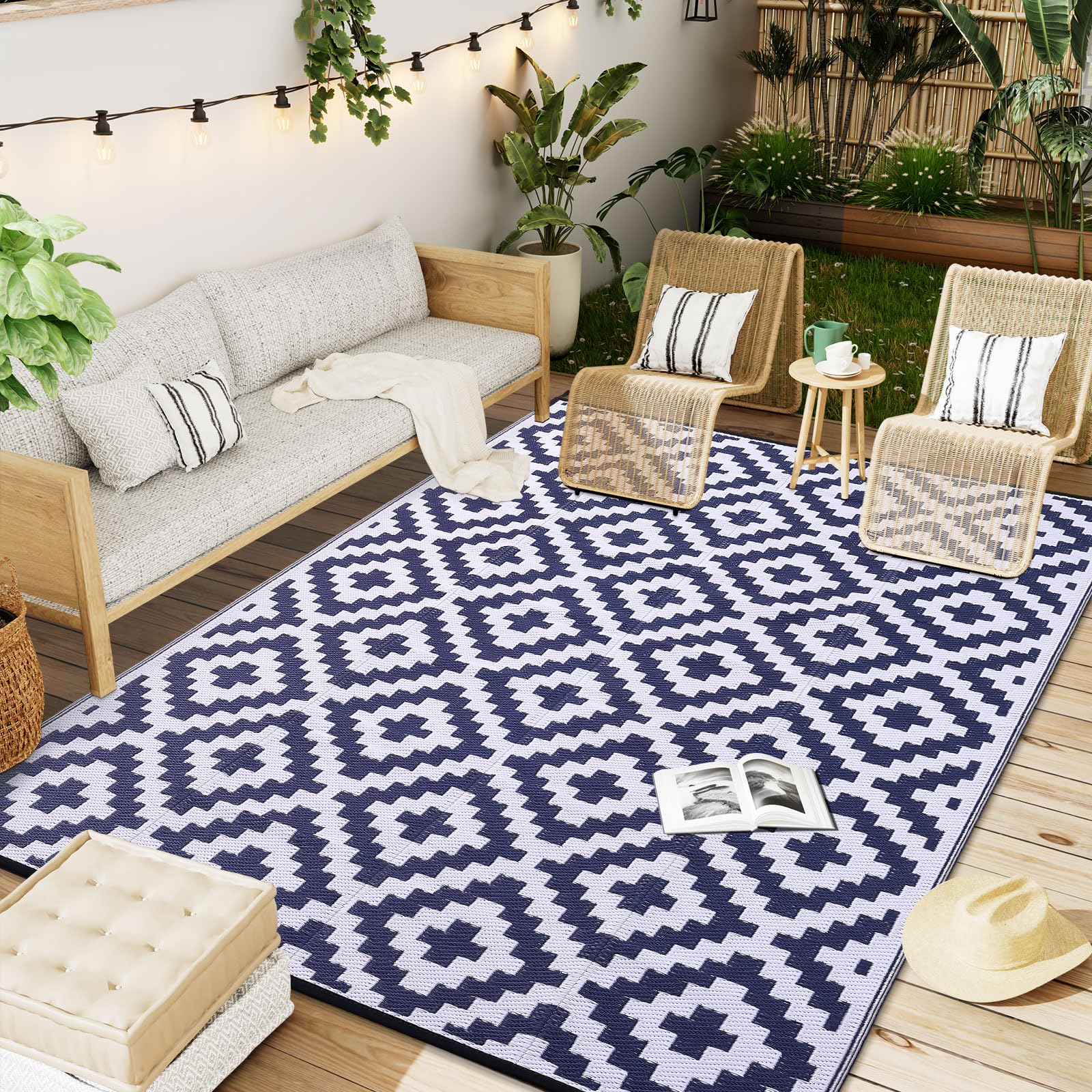 OLANLY Waterproof Outdoor Rug 9x12 ft, Reversible Plastic Straw Patio Rug for Camping, RV Mat Outside, Indoor Outdoor Carpet for
