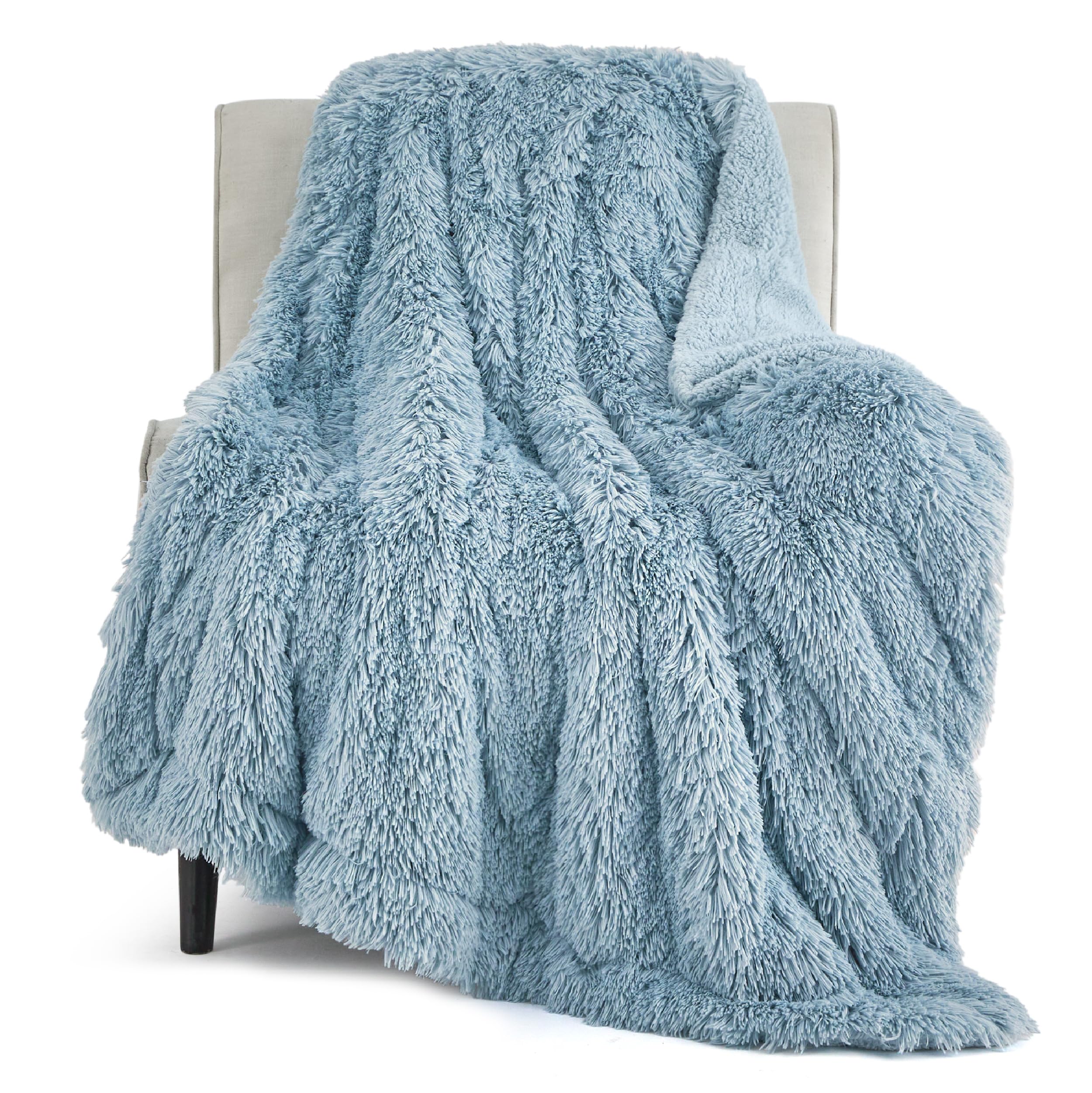 Bedsure Soft Fuzzy Faux Fur Twin Blanket Blue - Cozy, Fluffy, Plush Sherpa Fleece Blanket, Furry, Shaggy Blanket for Couch, Bed,