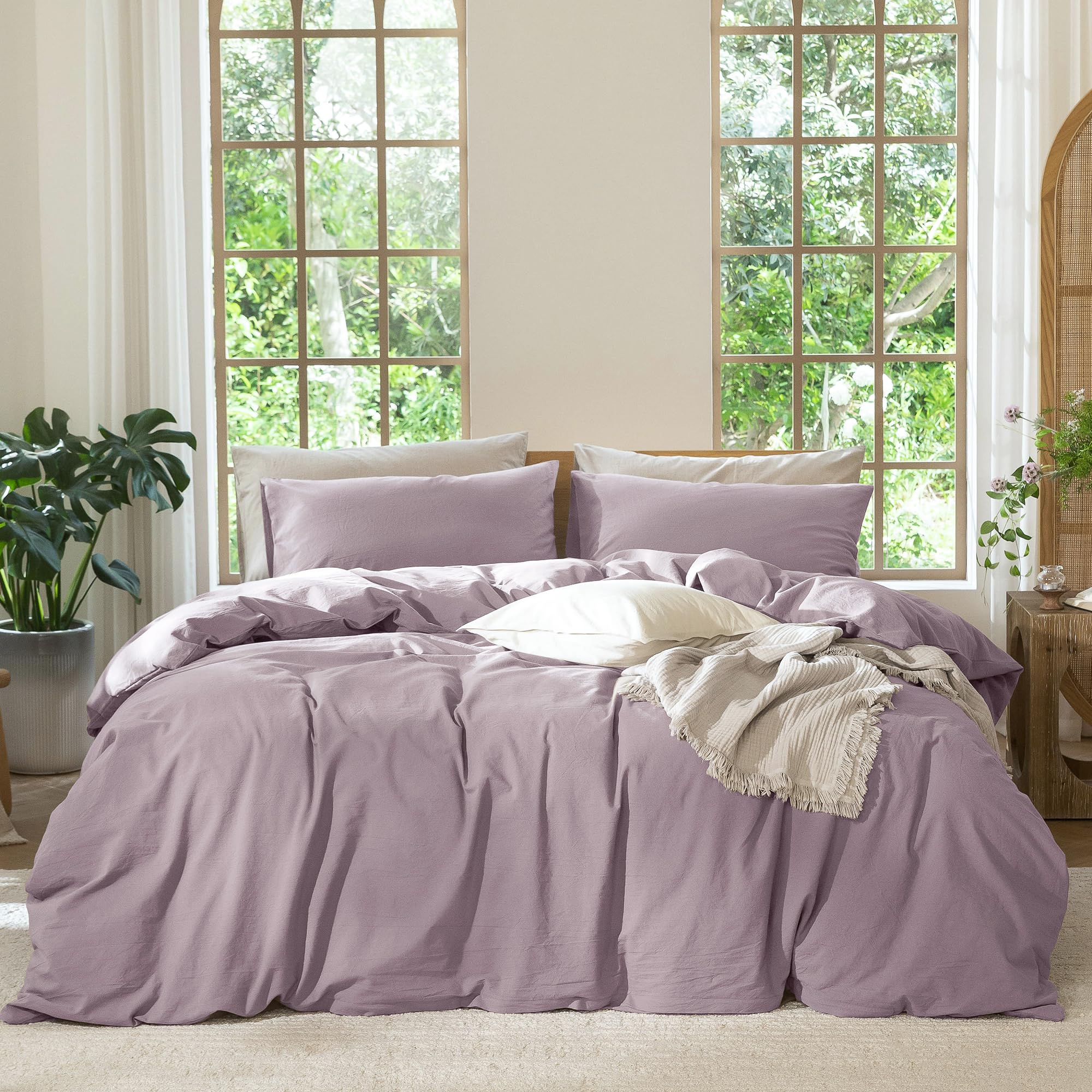 MooMee Bedding Duvet Cover Set 100% Washed Cotton Linen Like Textured Breathable Durable Soft Comfy (Solid Taro Purple, Palatial