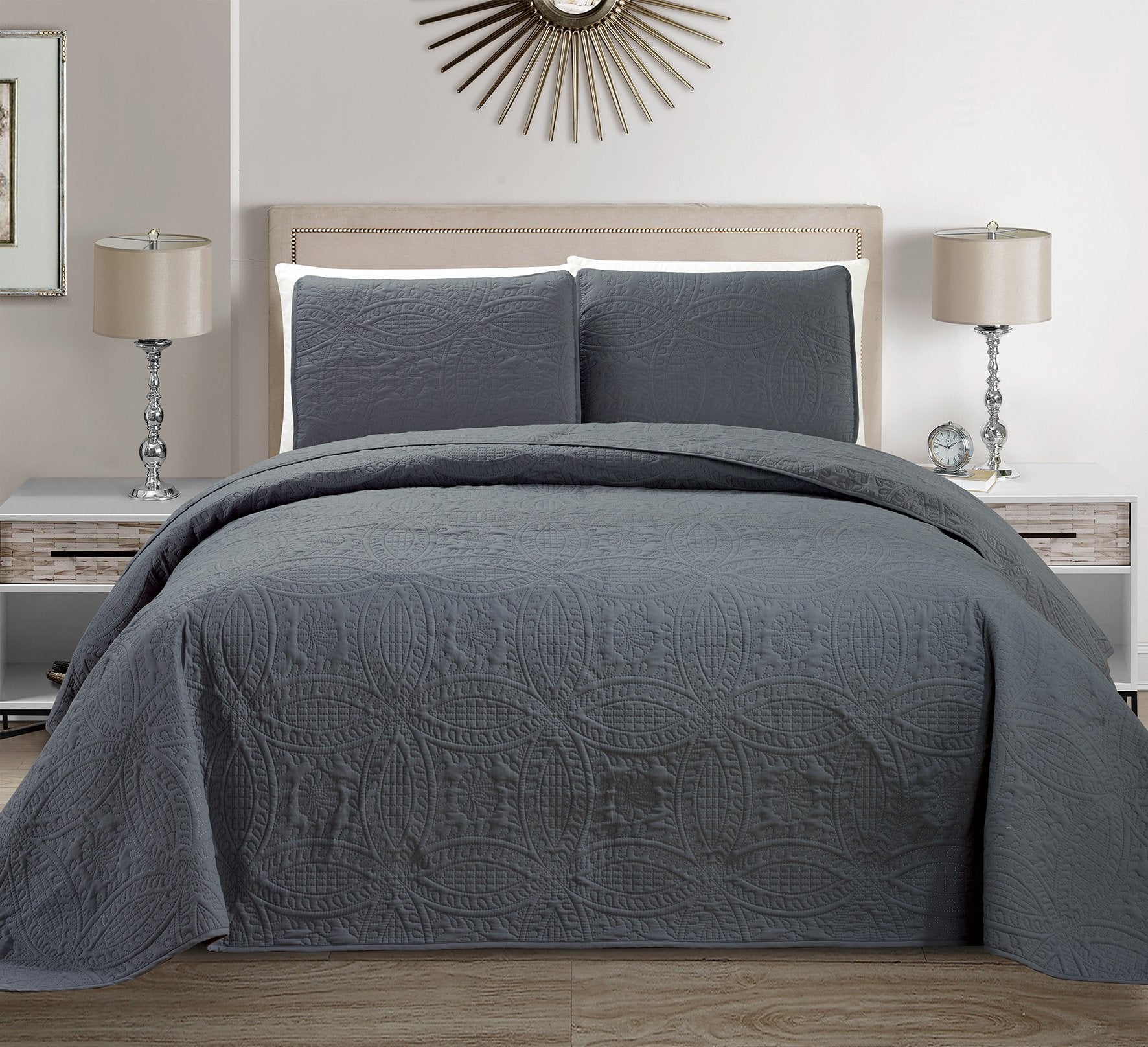 Mk Collection 3pc Full/Queen Solid Embossed Bedspread Bed Cover Over Size Dark Grey New