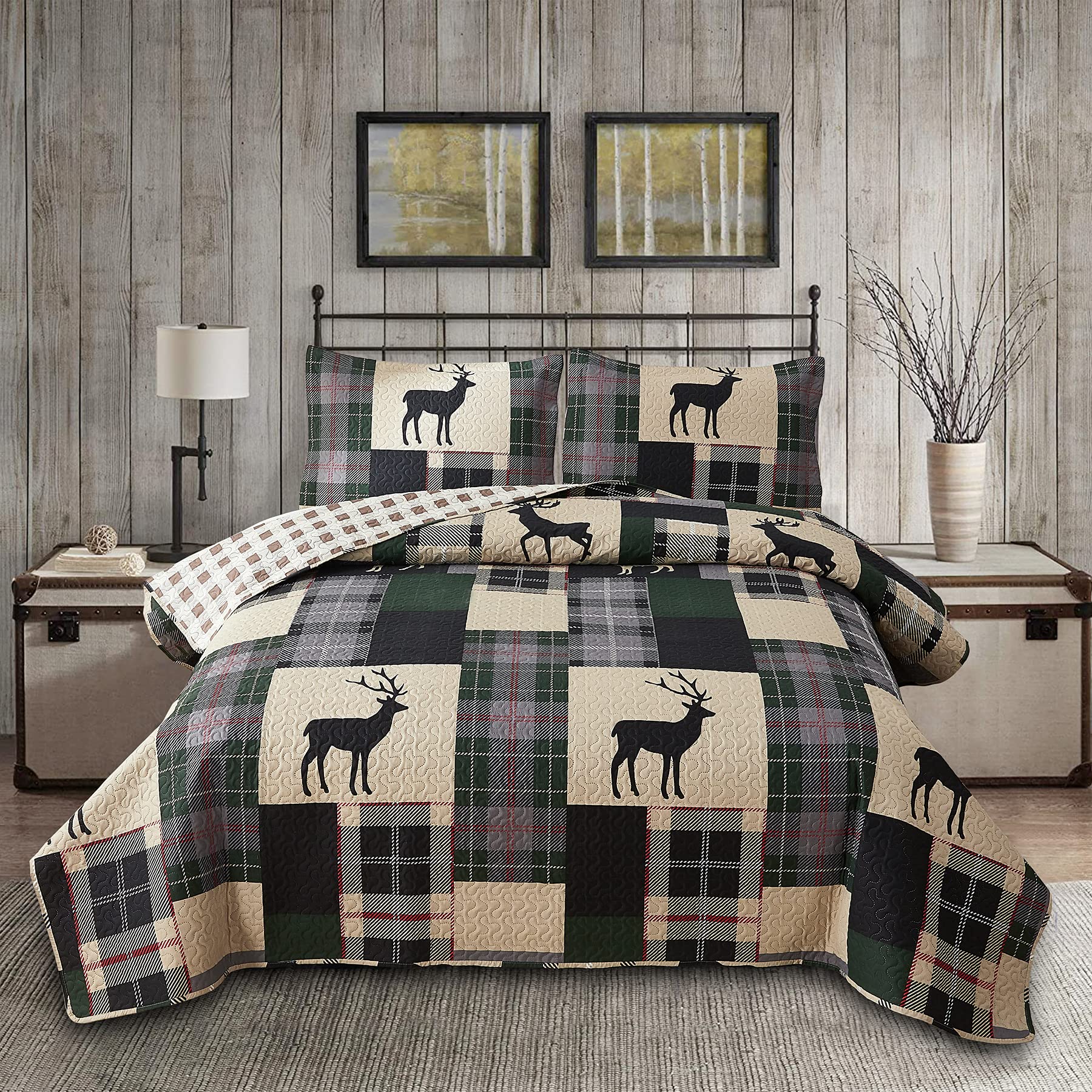 Lodge Bedspread Set King Size Rustic Cabin Quilt Set Deer Bedding Sets Lightweight Coverlet Reversible Bedspreads Elk Moose Prin