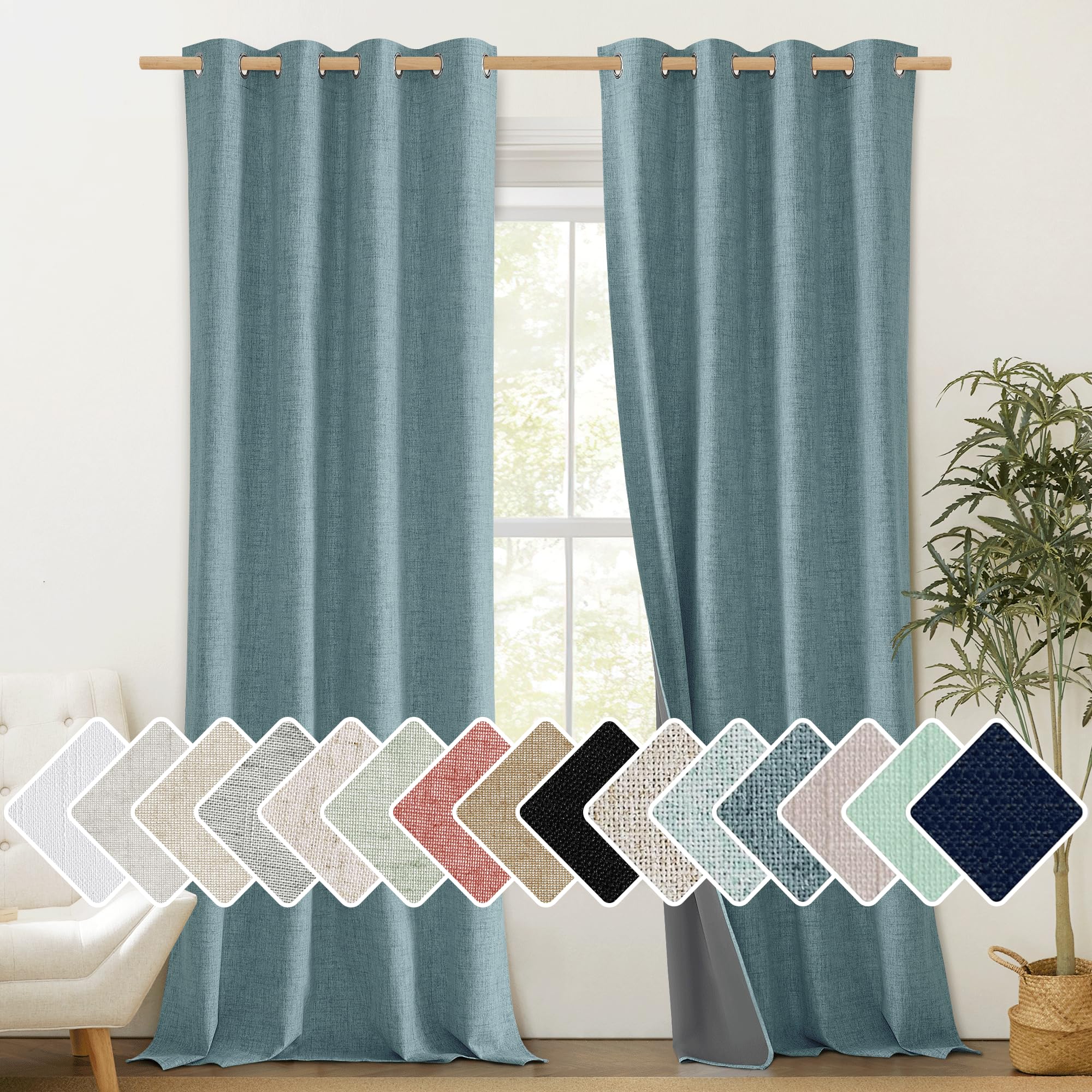 NICETOWN 100% Absolutely Blackout Linen Curtains with Thermal Insulated White Liner, Skylark Blue, 52 Wide, 120 Length Energy Sa