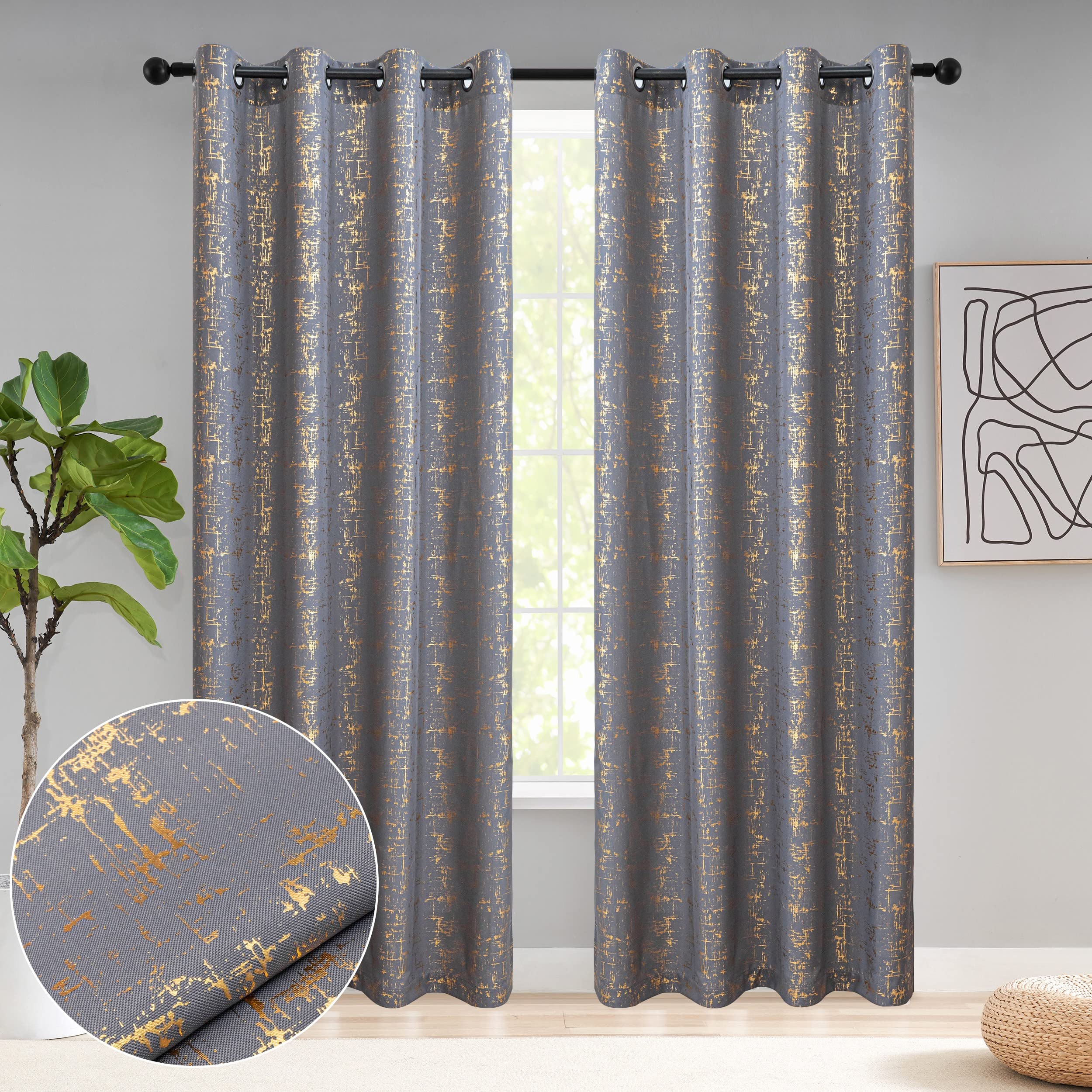 Taisier Home Gold Foil Print Linen Textured Curtains Geometric Dots Pattern Design Curtains for Nursery Toy Room Thermal Insulat