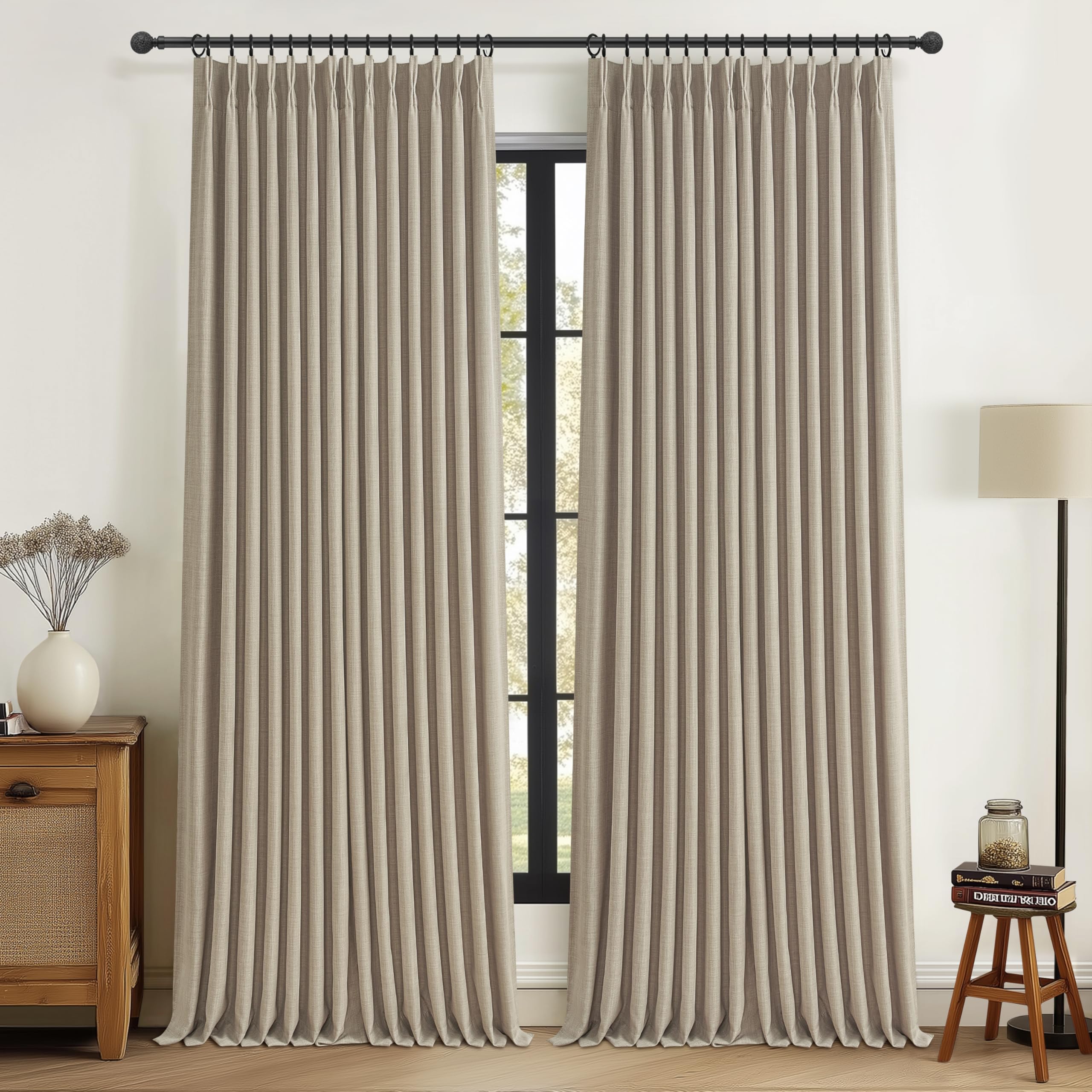 Light Taupe Blackout Sliding Patio Door Curtains 92 Inches Long 2 Panels Set, Country Pinch Pleat 2 Layer Linen Thermal Curtain 