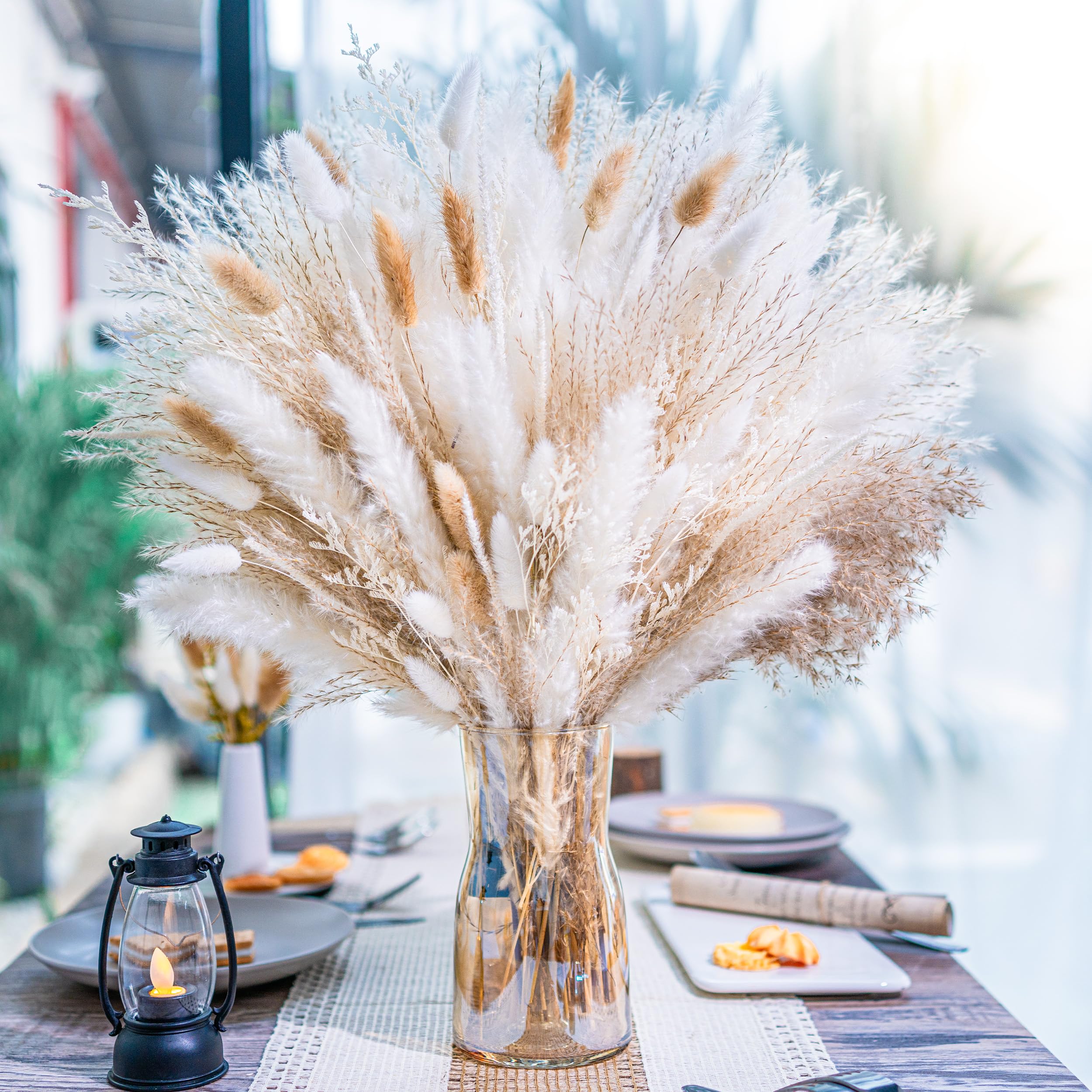95 PCS Pampas Grass Decor Natural Dried Flowers | Boho Dried Floral Arrangement Centerpiece Table Decor Wedding Decor Rustic Dec