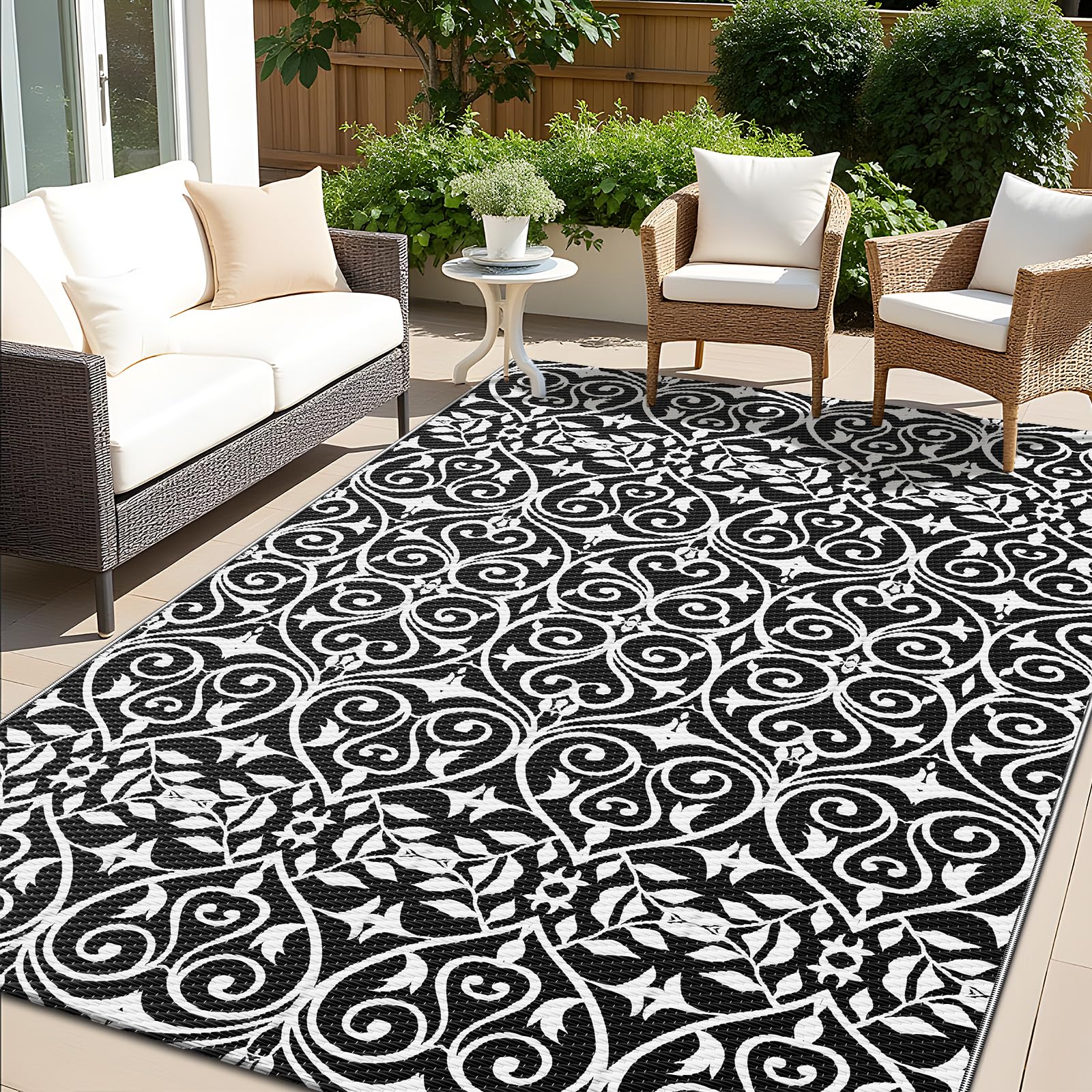 OLANLY Outdoor Rug Waterproof 5x8 ft Clearance, Reversible Outdoor Plastic Straw Rug with Floral Pattern, RV Mat for Patio, Camp