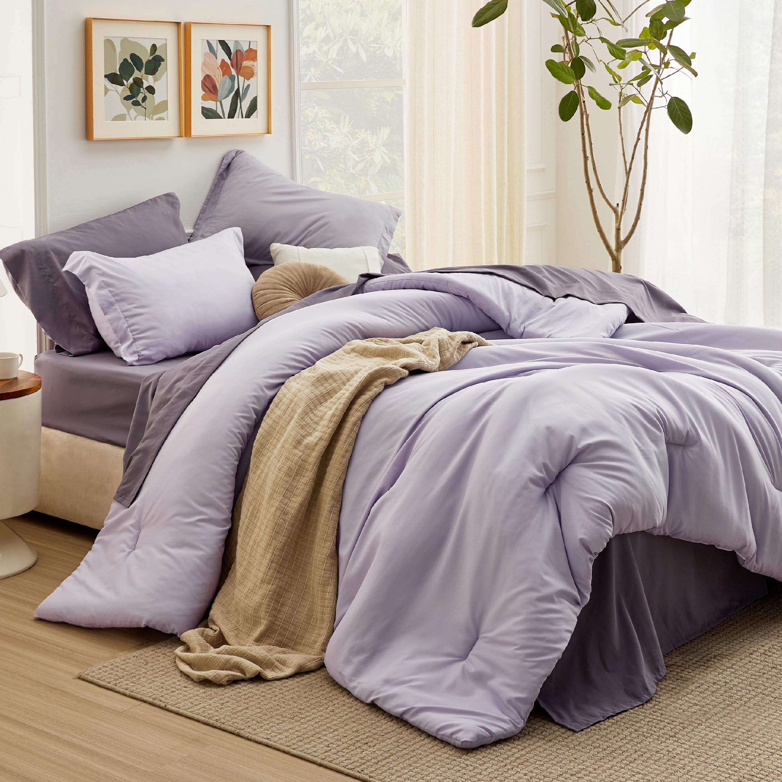 Bedsure Oversized Queen Comforter Set - 7 Pieces Lavender Oversized Queen Bedding Set for All Seasons, Boho Contrasting Design B