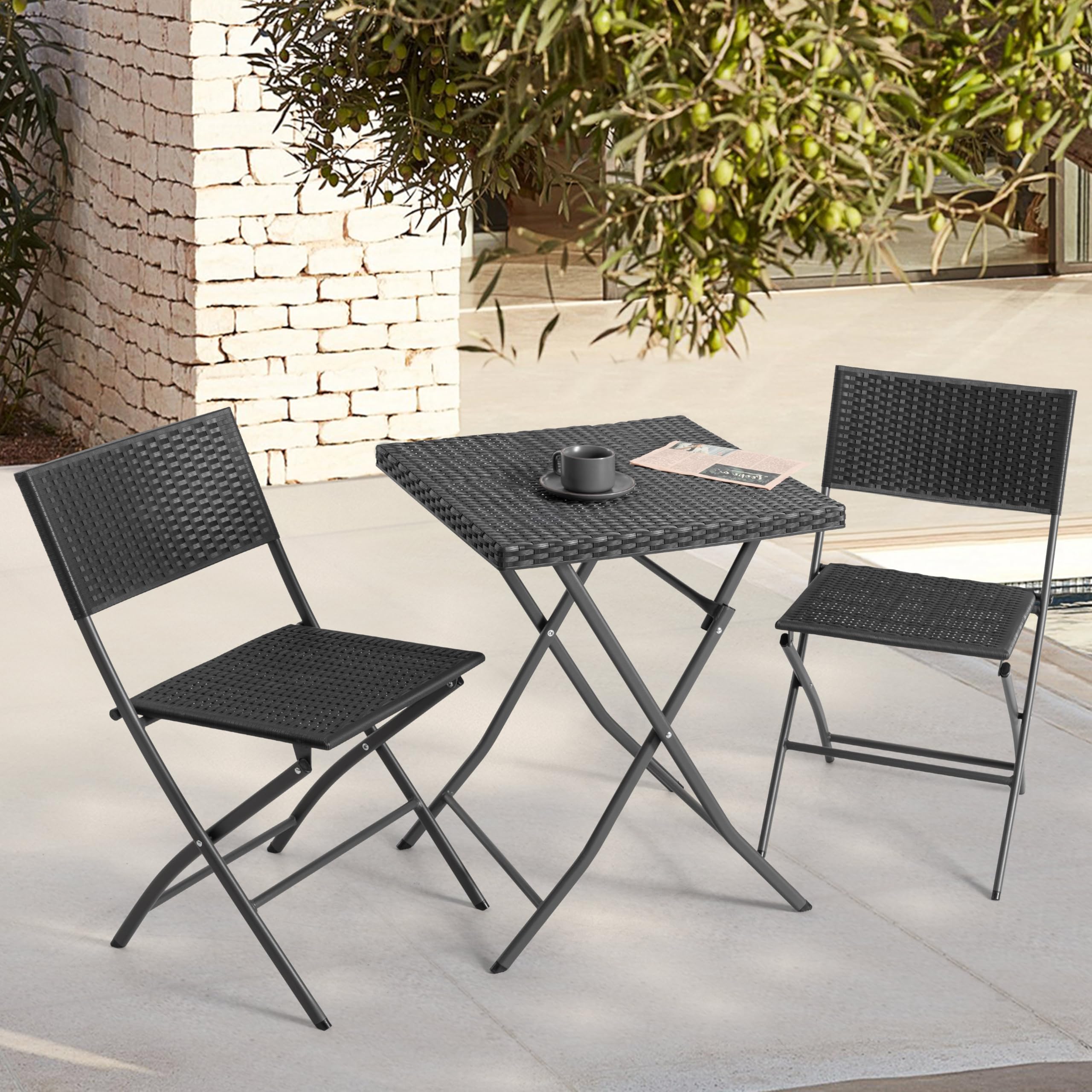 NUU GARDEN Patio Set for 2 Folding Bistro Set Outdoor, Weather-Resistant PP Rattan Small Patio Table and Chairs, 3 Piece Folding