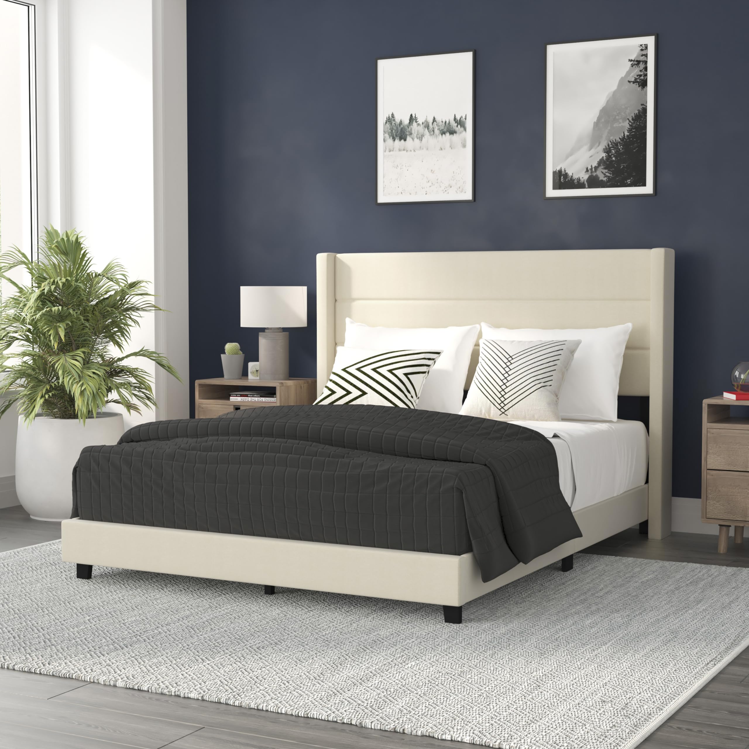 Flash Furniture Hollis Upholstered Platform Bed - Beige Faux Linen Wingback Headboard - Queen - Mattress Foundation with Slatted