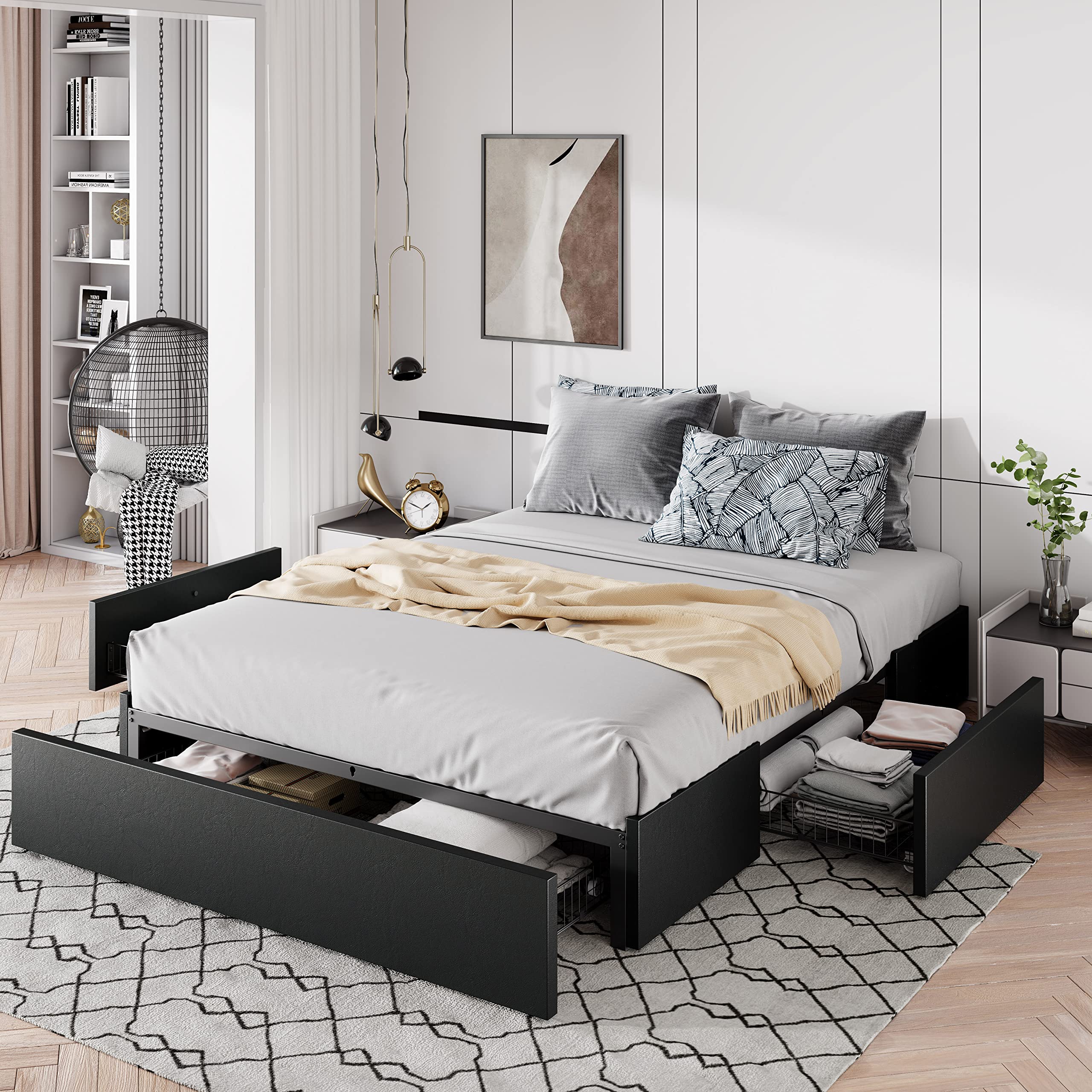 Allewie Full Size Platform Bed Frame with 3 Storage Drawers, Faux Leather Upholstered, Wooden Slats Support, No Box Spring Neede
