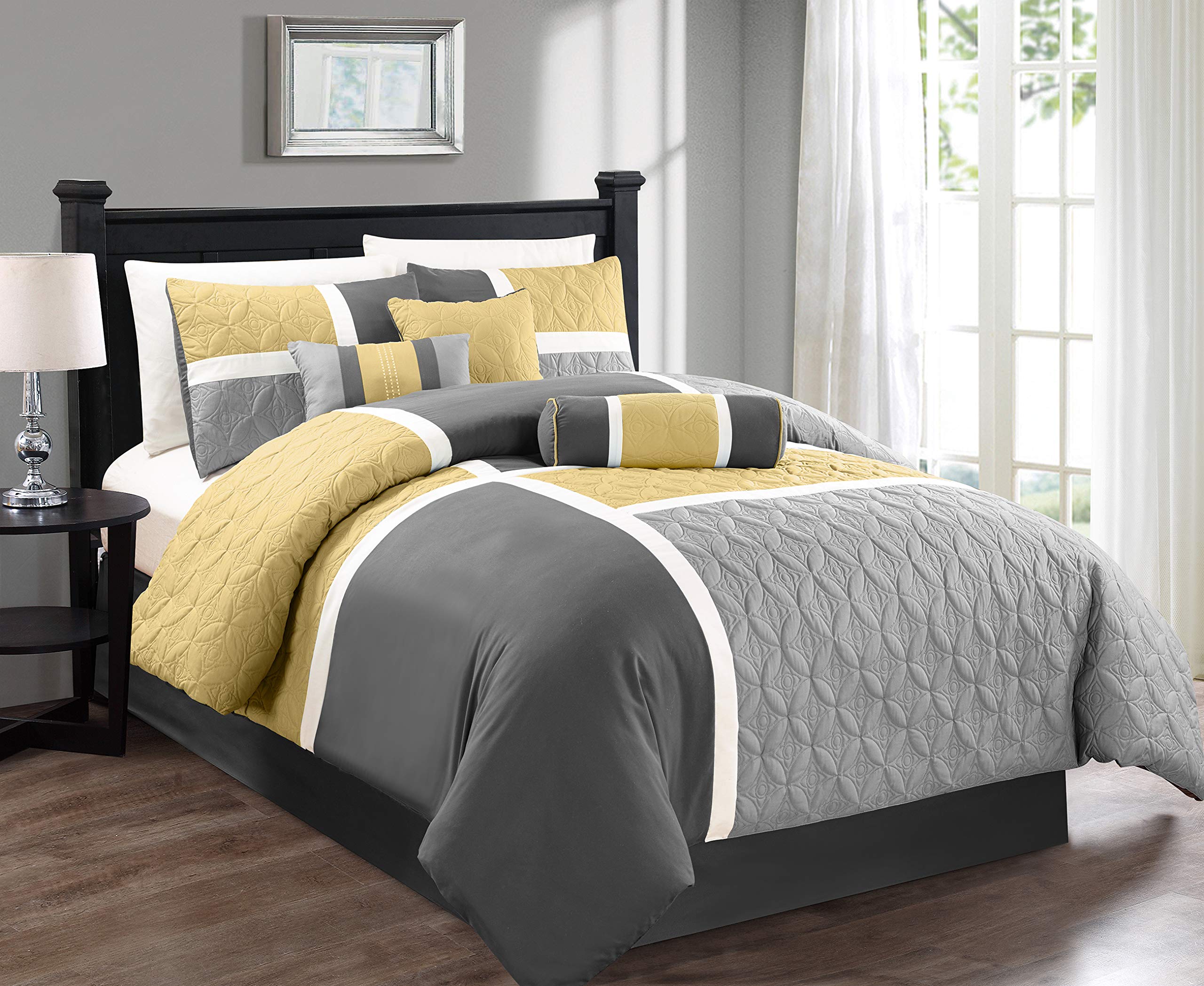 Chezmoi Collection 7-Piece Quilted Patchwork Comforter Set, Yellow/Gray, Full