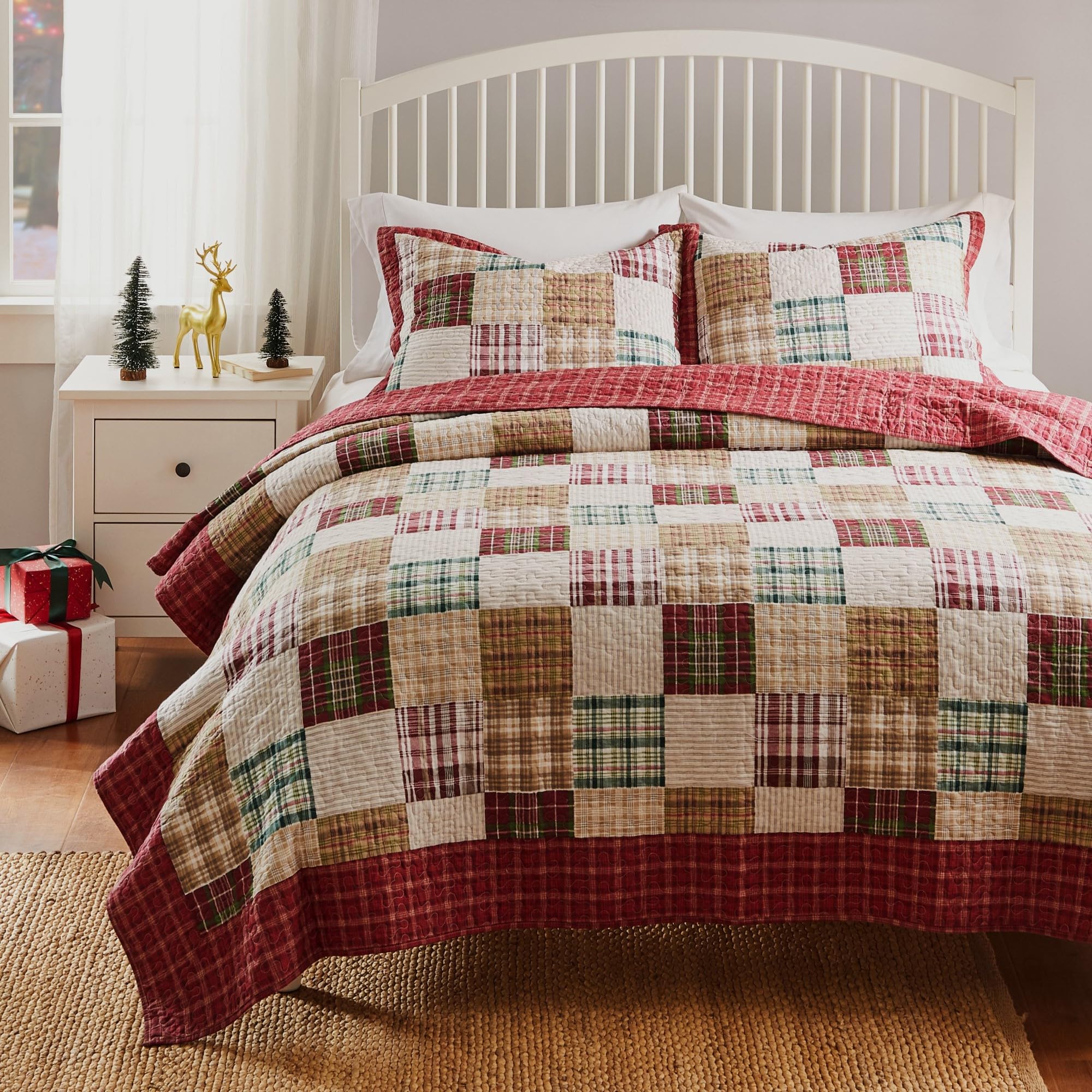 Greenland Home Oxford 100% Cotton Quilt Set, 3-Piece Full/Queen, Red