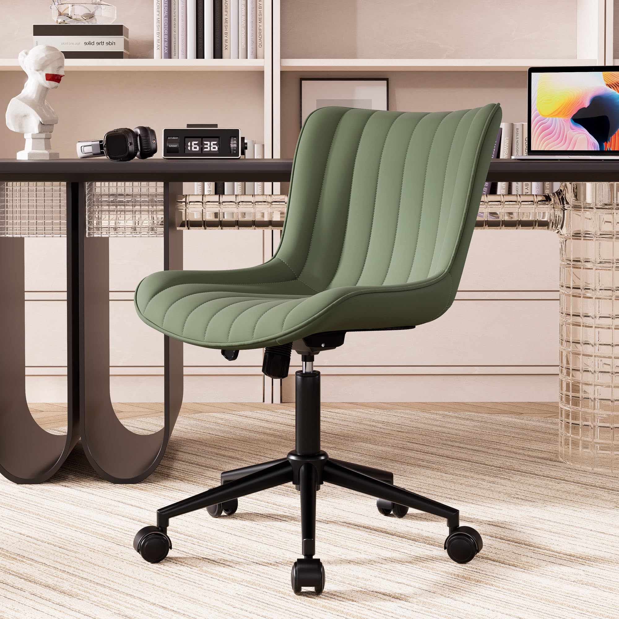 YOUNIKE Home Office Desk Chair with Wheels Comfy Armless Vanity Chair with Adjustable Back Modern Leather Upholstered Rolling Sw