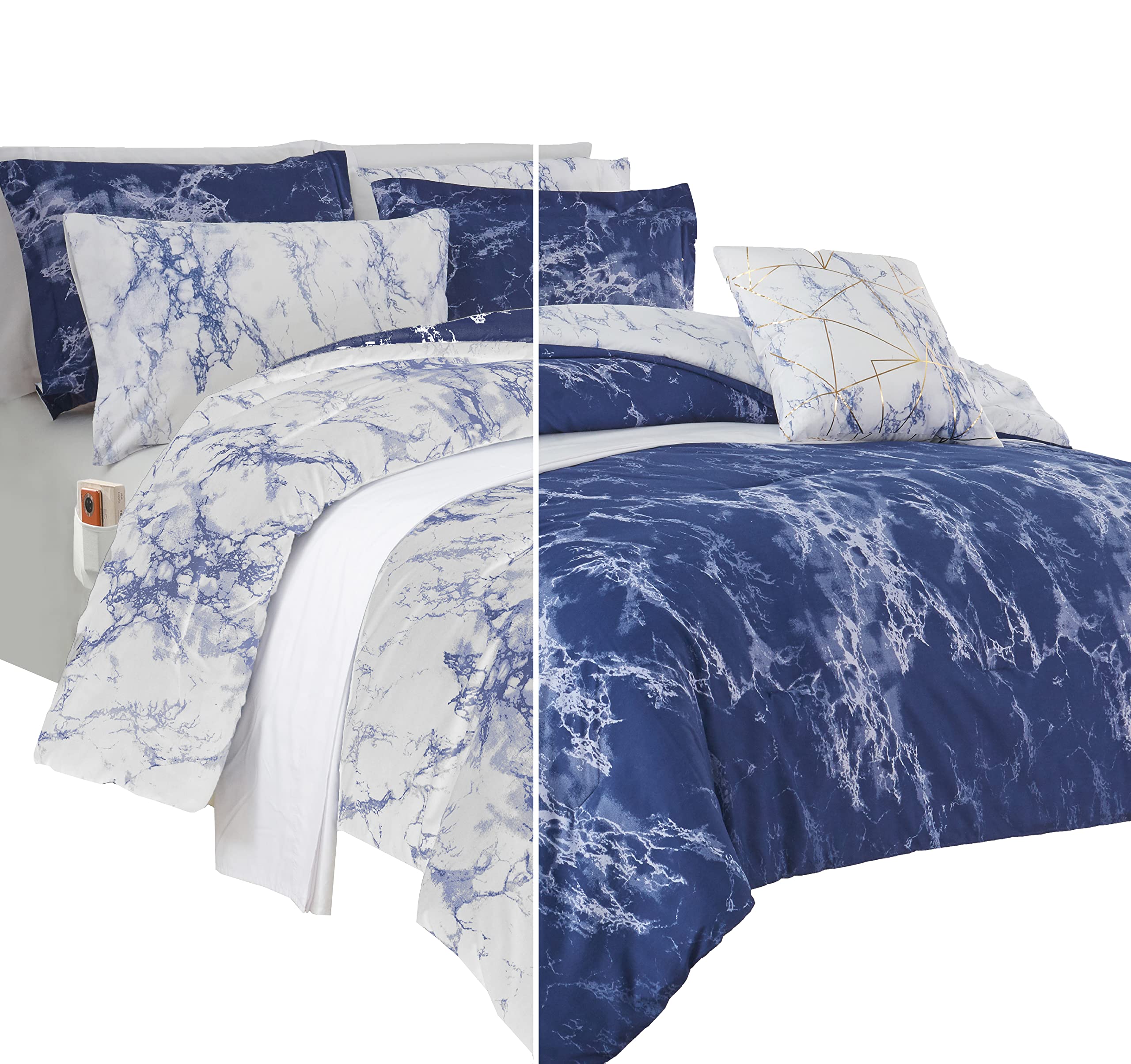 Elegant Comfort Reversible 10-Piece Comforter Set, Marble Print, Decorative Pillow and Fitted Sheet with Smart Pockets, Soft, Pl