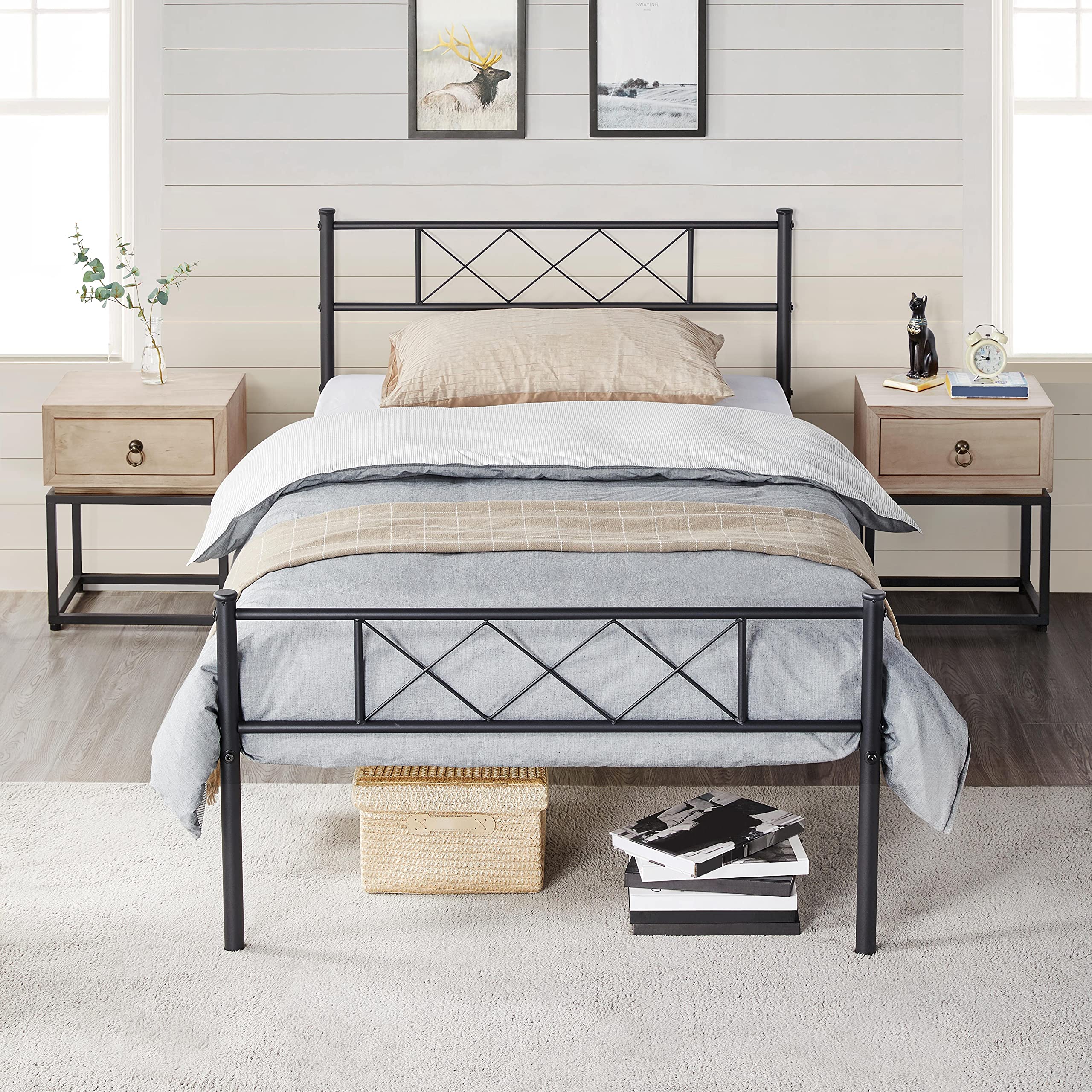 Yaheetech Twin Metal Platform Bed Frame Mattress Foundation with Headboard and Footboard No Box Spring Needed Under Bed Storage 