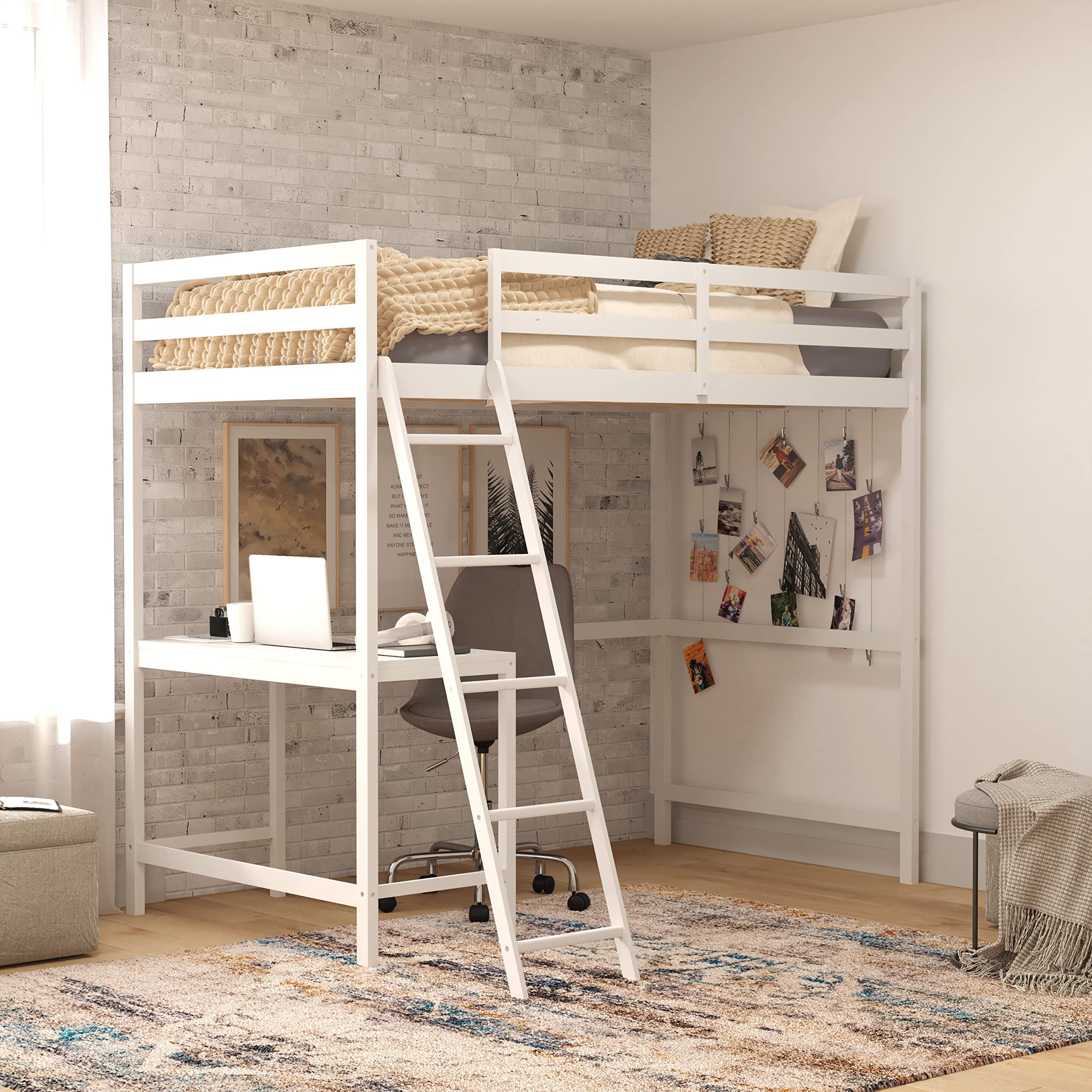 Flash Furniture Riley Loft Bed Frame with Desk - White Wood Slats - Twin Size - Protective Guard Rails & Ladder - Kids and Teens