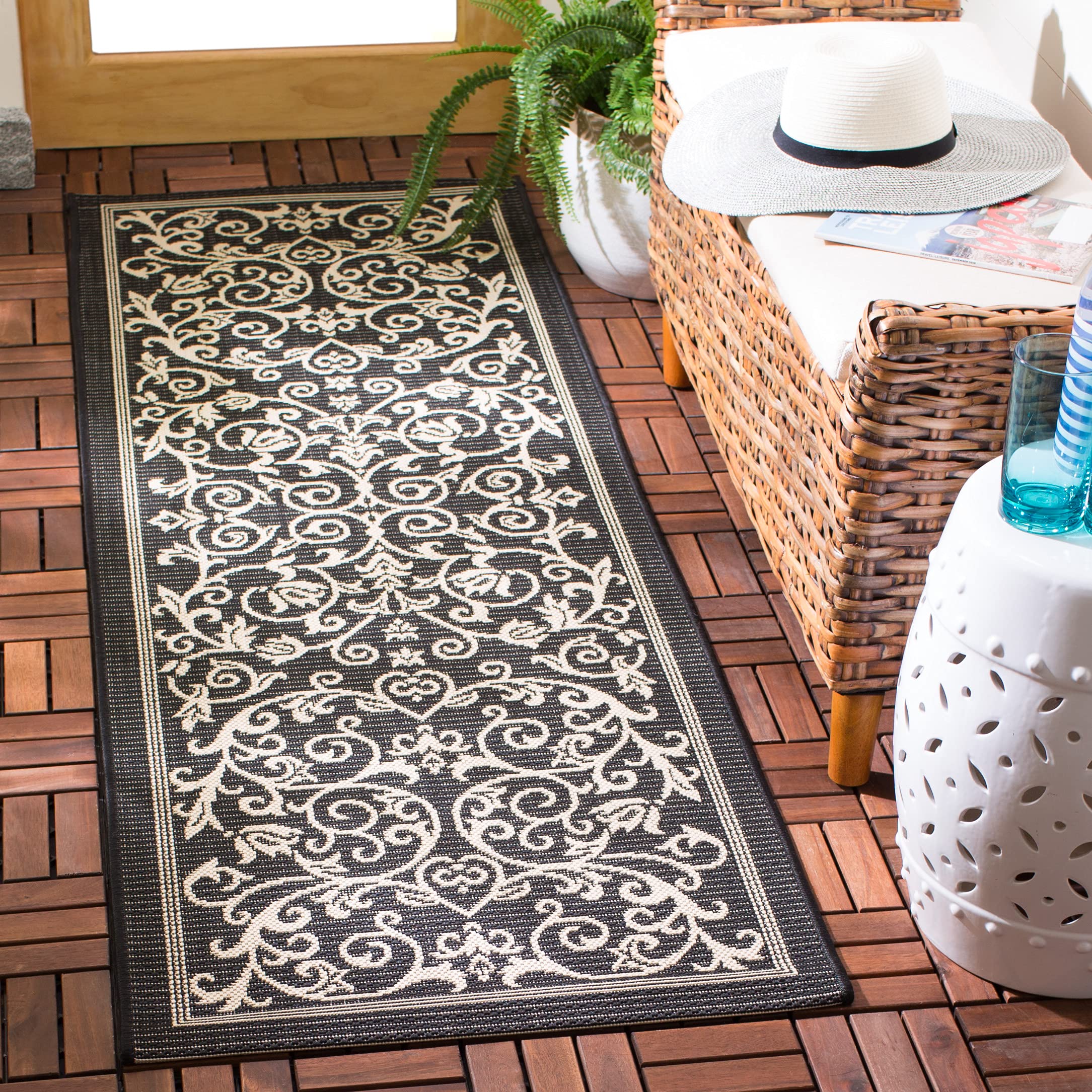 SAFAVIEH Courtyard Collection Runner Rug - 23 x 12, Black & Sand, Scroll Design, Non-Shedding & Easy Care, Indoor/Outdoor & Wa