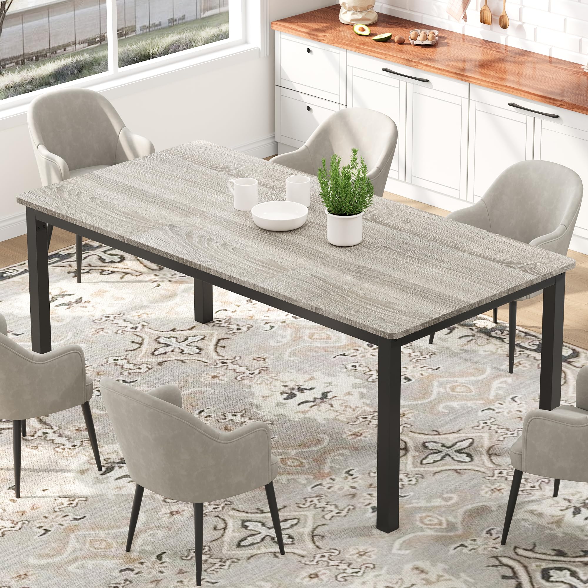 dainslef 71 Inch Industrial Dining Table, Large Rectangle Kitchen Table with Metal Legs, Round Corners, Wooden Conference Tables