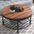 NSdirect 36 Round Coffee Table with Storage Shelf, Dark Grey Brown Vintage Wood Top & Metal Legs - 18.5 Height End Table for Sma