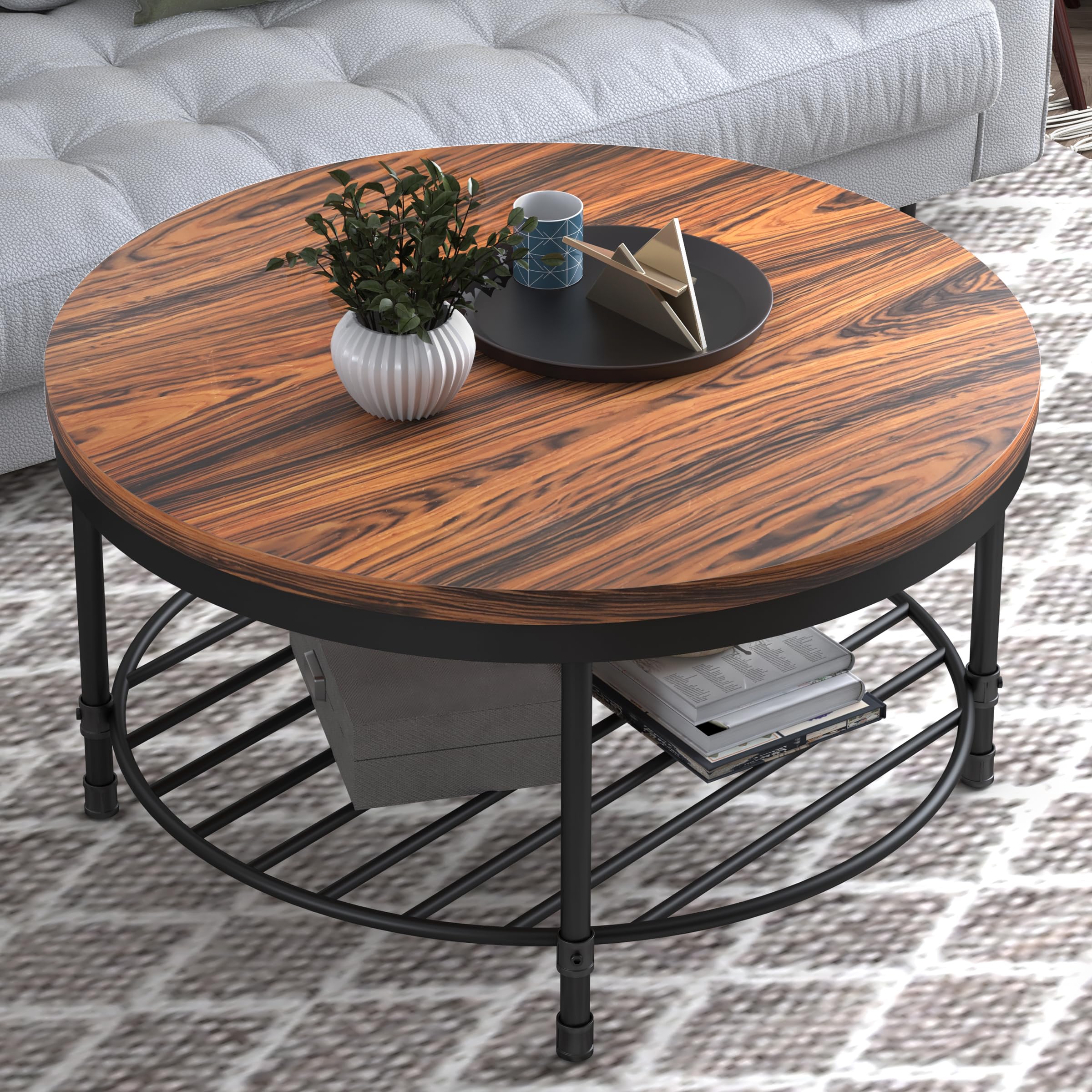 NSdirect 36 Round Coffee Table with Storage Shelf, Dark Grey Brown Vintage Wood Top & Metal Legs - 18.5 Height End Table for Sma