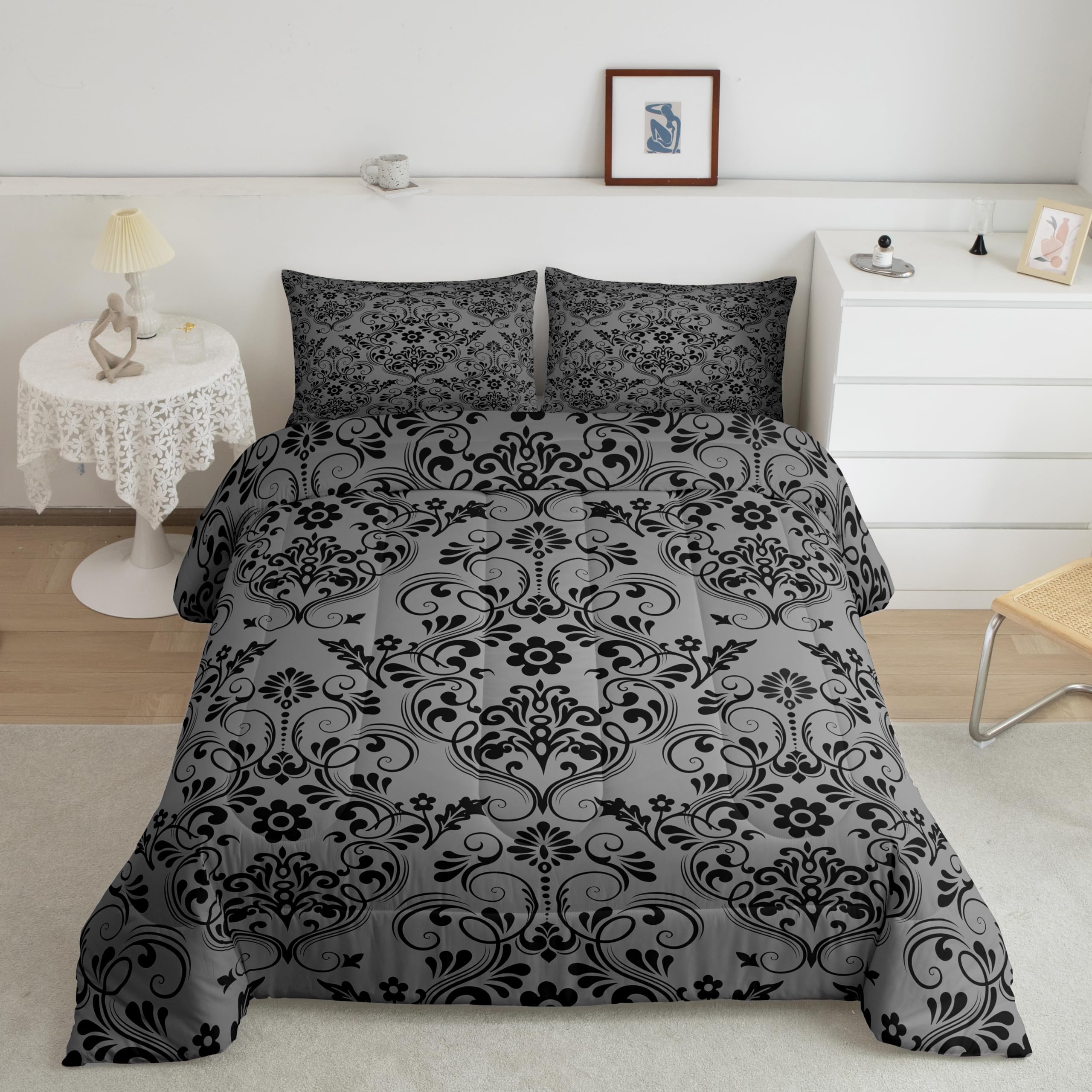 Feelyou Adults Black Vintage Damask Floral Comforter Set Oriental Antique Comforter King Size Gothic Bohemia Boho Flower Bedding