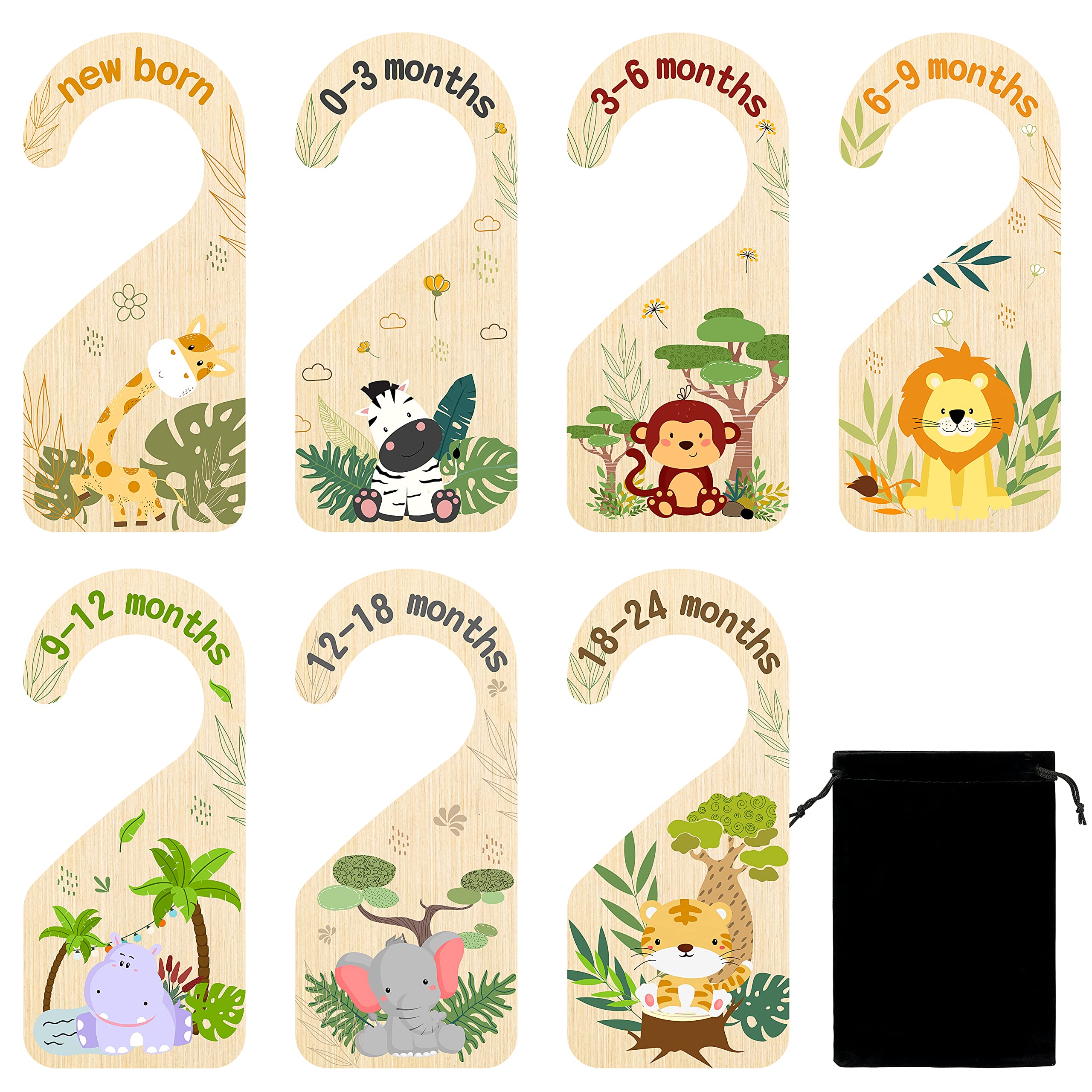 R HORSE 8Pcs Safari Baby Closet Dividers, Double Sided Nursery Hanger Dividers Wood Baby Closet Size Organizers for Boy Girl Bir