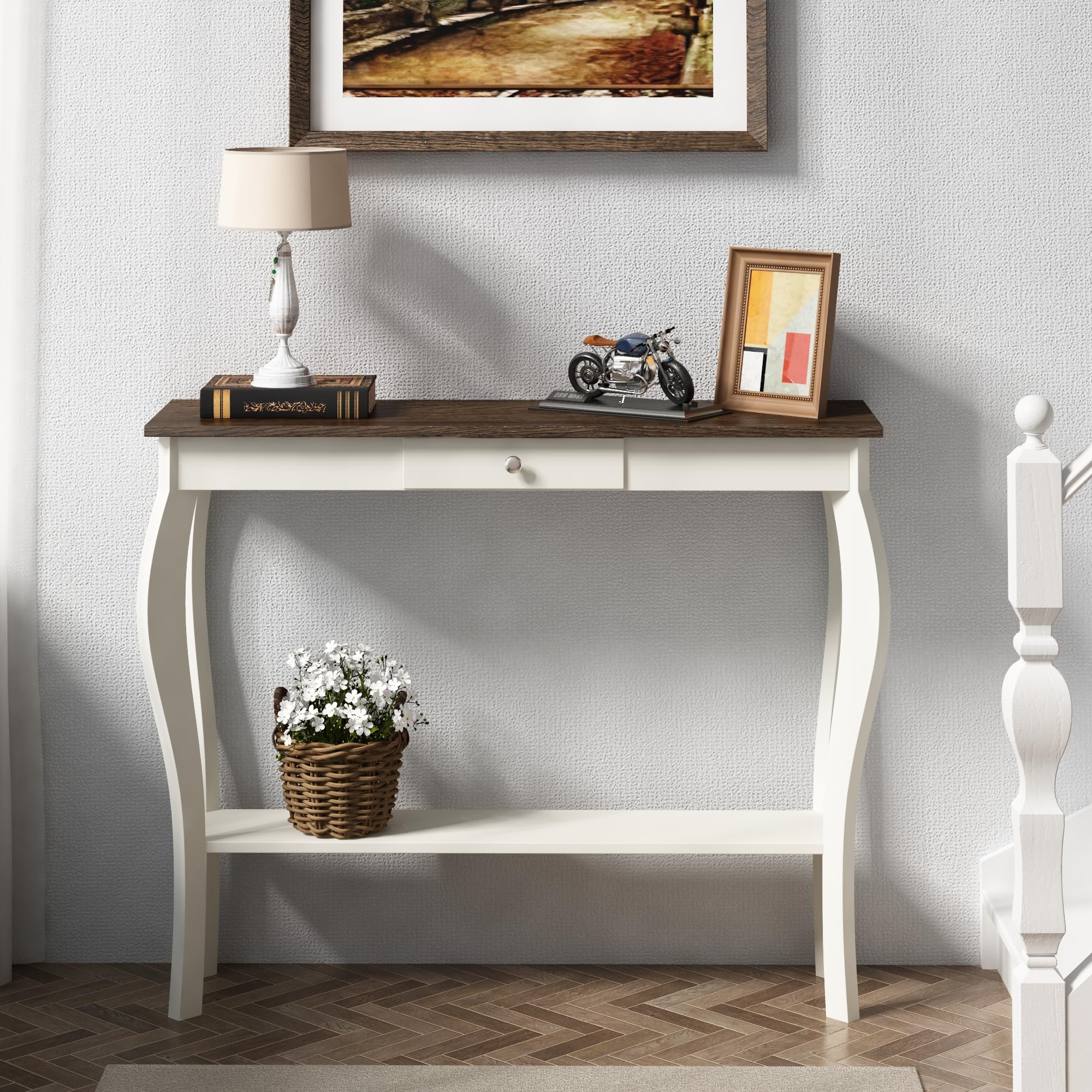 ChooChoo Narrow Farmhouse Console Table with Drawer, Chic Accent Sofa Entryway Table with Shelves for Entryway, Living Room, Hal