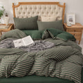 PURE ERA Forest Green Stripe Jersey Duvet Cover Set King Size 100% T-Shirt Heather Cotton Super Soft Comfy Classic Striped Desig