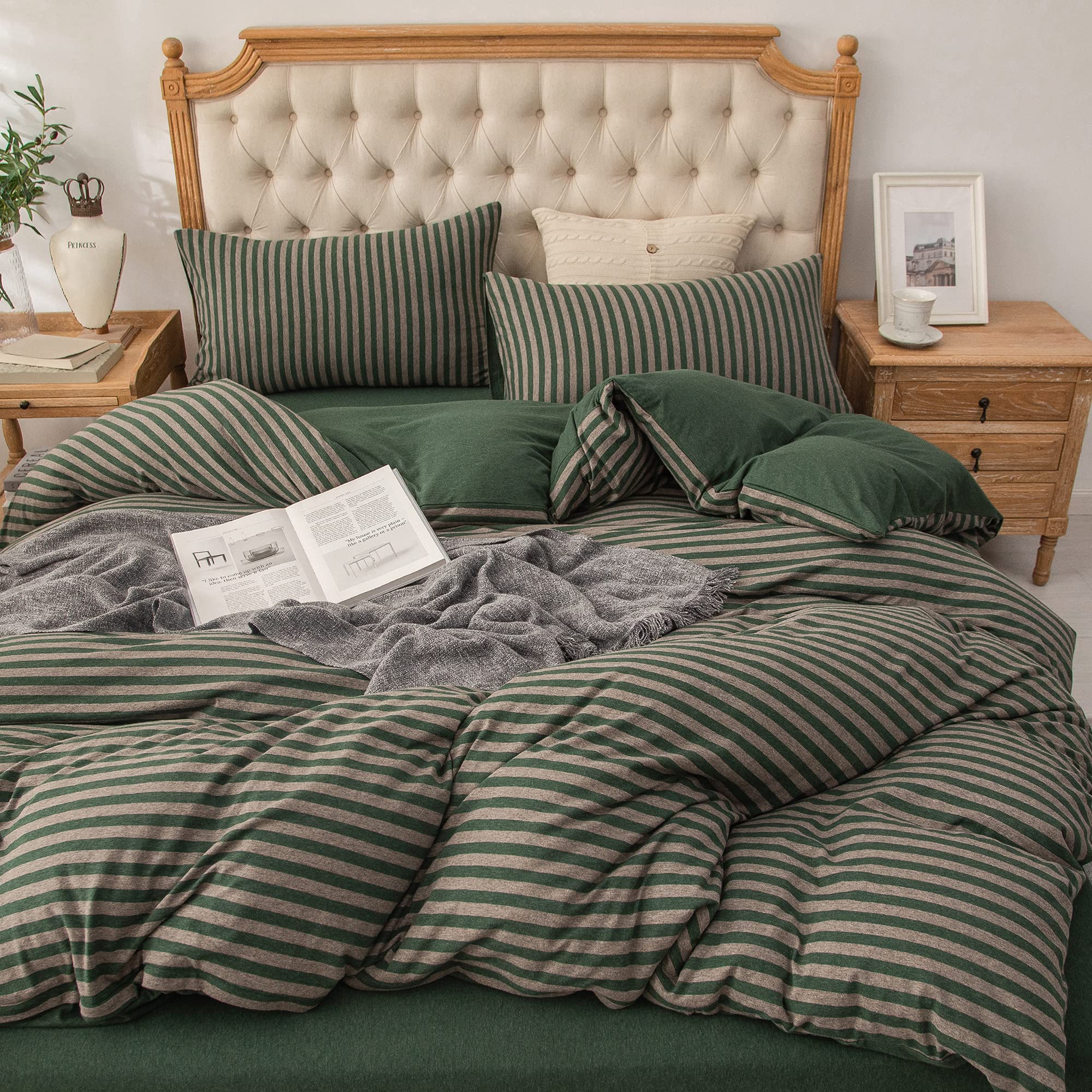 PURE ERA Forest Green Stripe Jersey Duvet Cover Set King Size 100% T-Shirt Heather Cotton Super Soft Comfy Classic Striped Desig