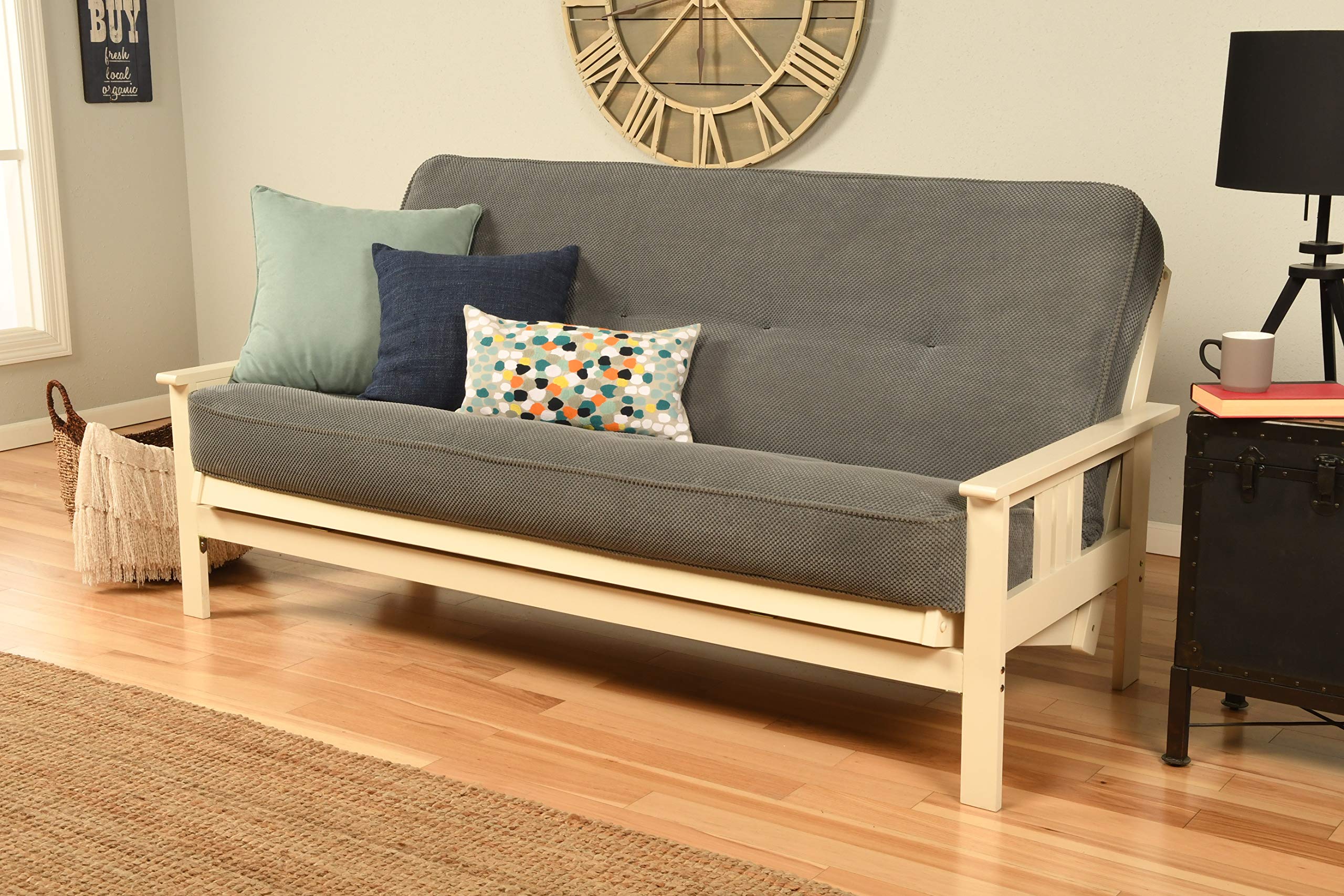 Kodiak Furniture Monterey Futon Set, No Drawers, with Antique White Base and Marmont Thunder Mattress