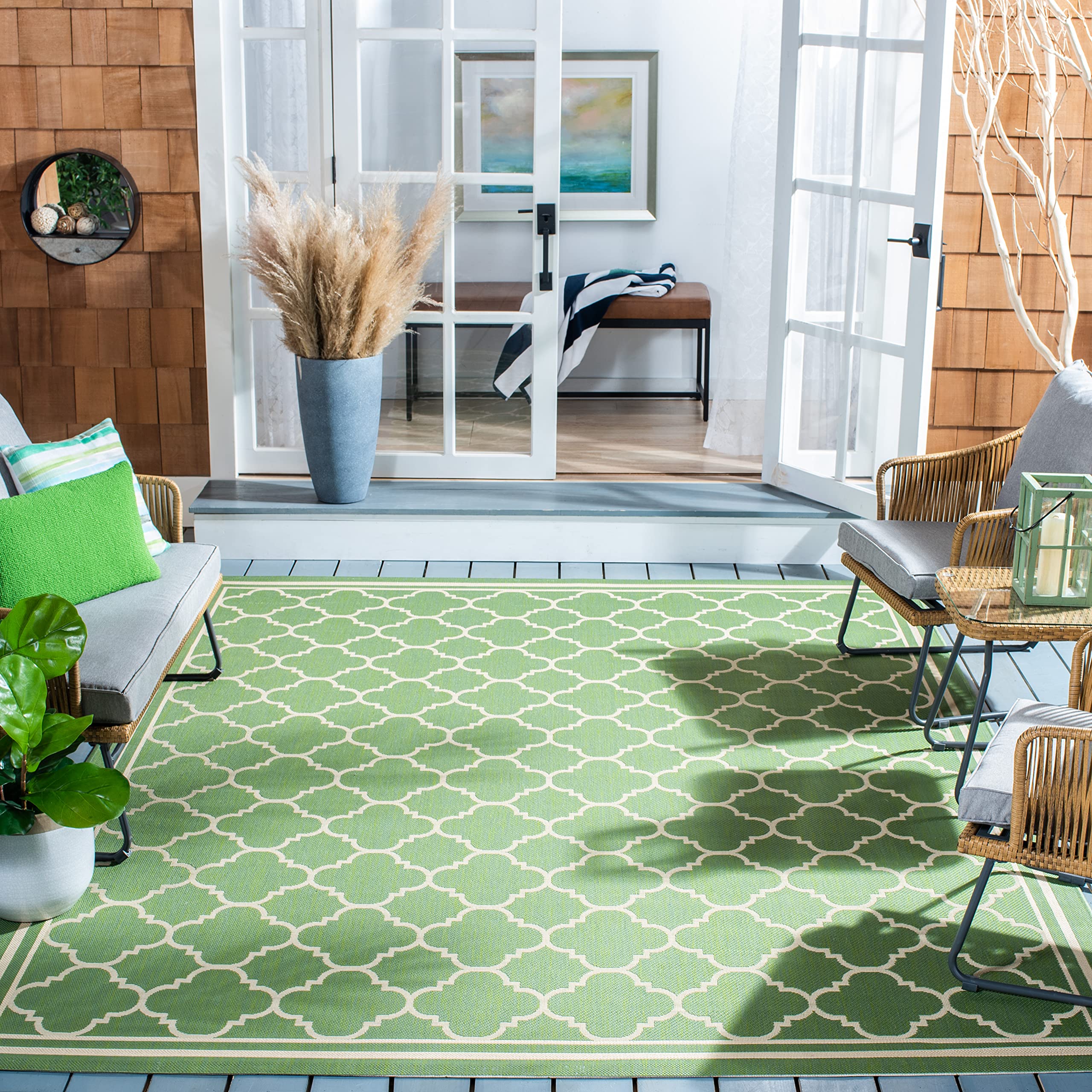 SAFAVIEH Courtyard Collection 8 x 10 Green/Beige CY6918 Trellis Indoor-Outdoor Waterproof Easy-Cleaning Patio Backyard Mudroom