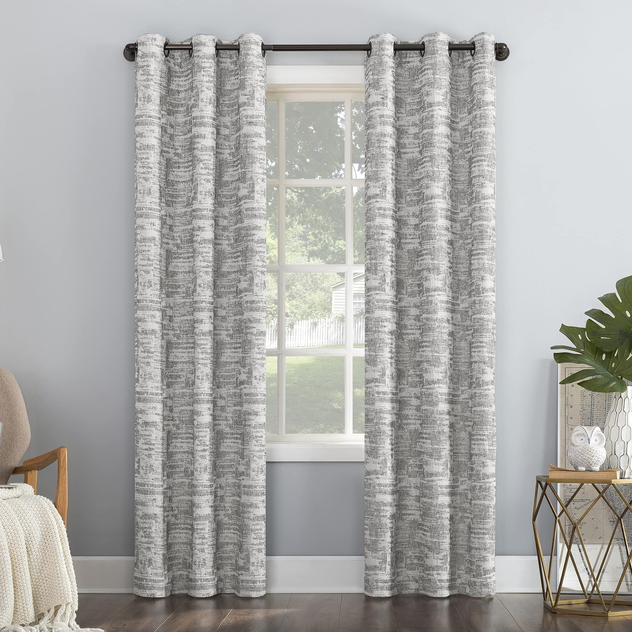 Sun Zero Parrish Distressed Grid Thermal Extreme Total Blackout Grommet Curtain Panel, 40 x 84, Grey