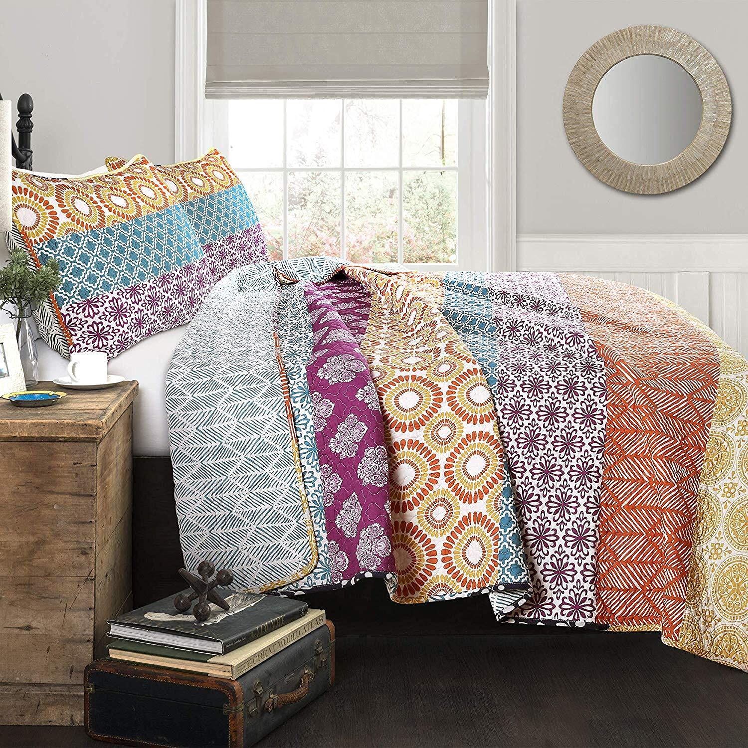 Lush Decor Bohemian Stripe Reversible Cotton Quilt Set, 3 Piece Set, Full/ Queen, Fuchsia & Orange -Striped Bedding Set - Purple
