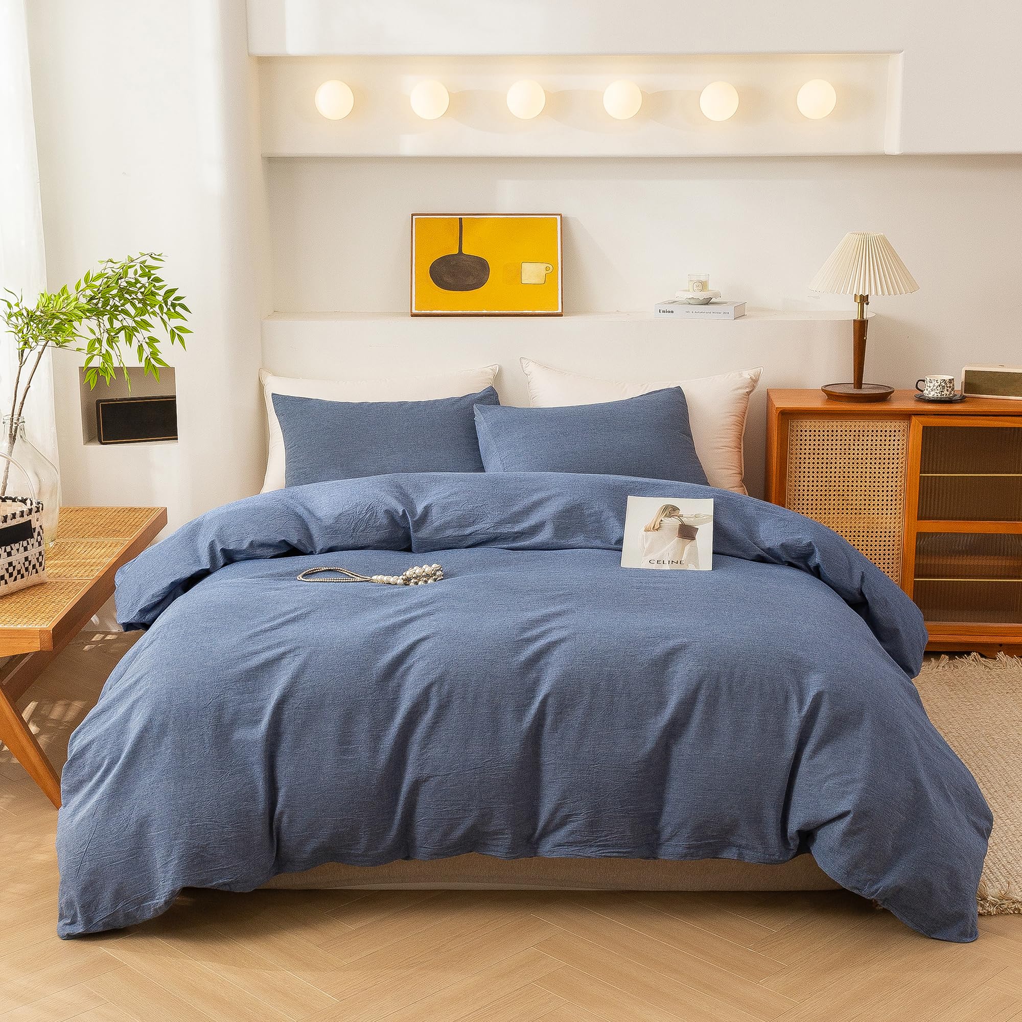 ECOCOTT Denim Blue Duvet Cover King Size, 100% Washed Cotton 1 Duvet Cover with Zipper and 2 Pillowcases, Ultra Soft and Easy Ca