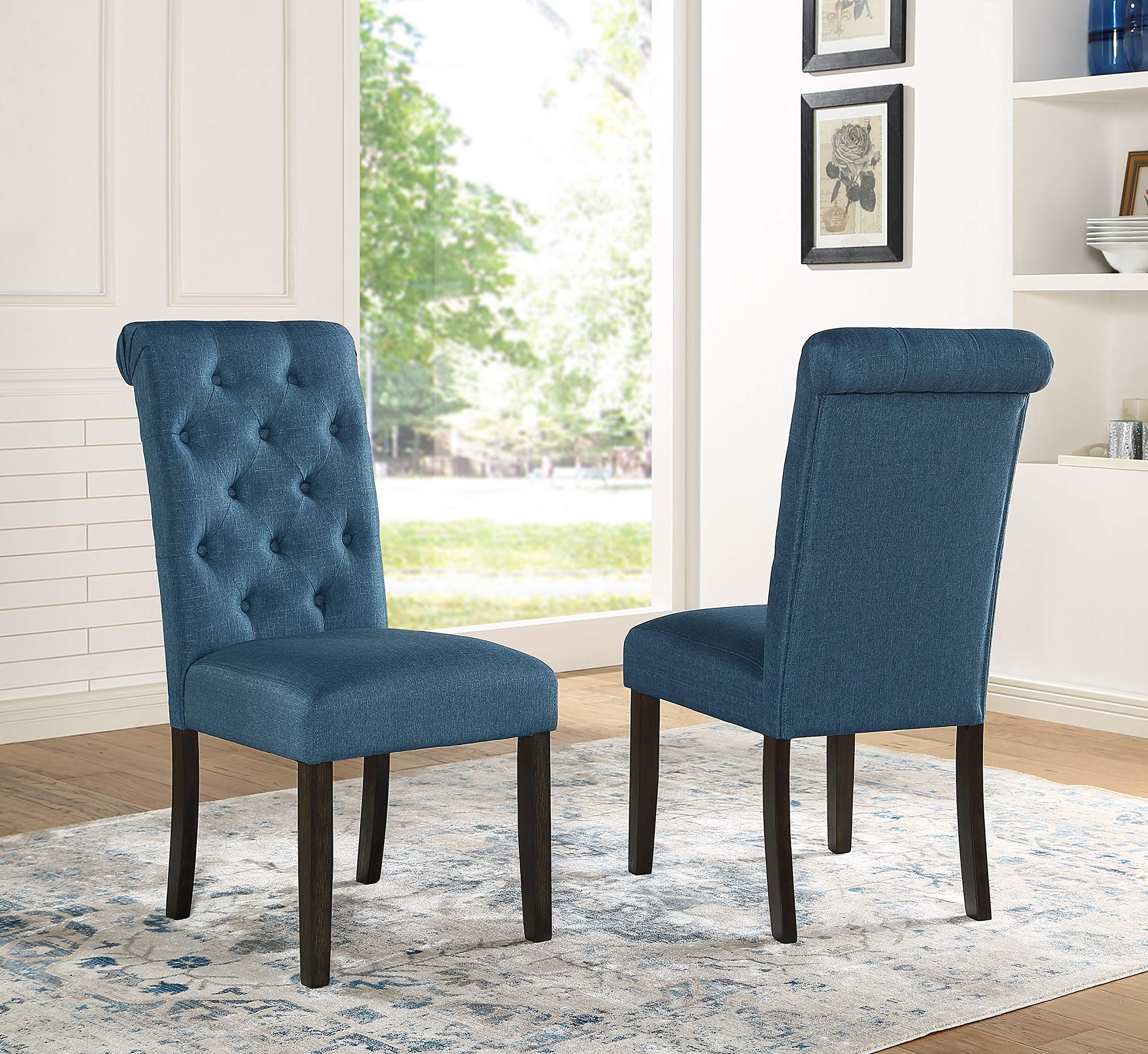 Roundhill Furniture Leviton Solid Wood Tufted Parsons Dining Chairs, Set of 2, Blue