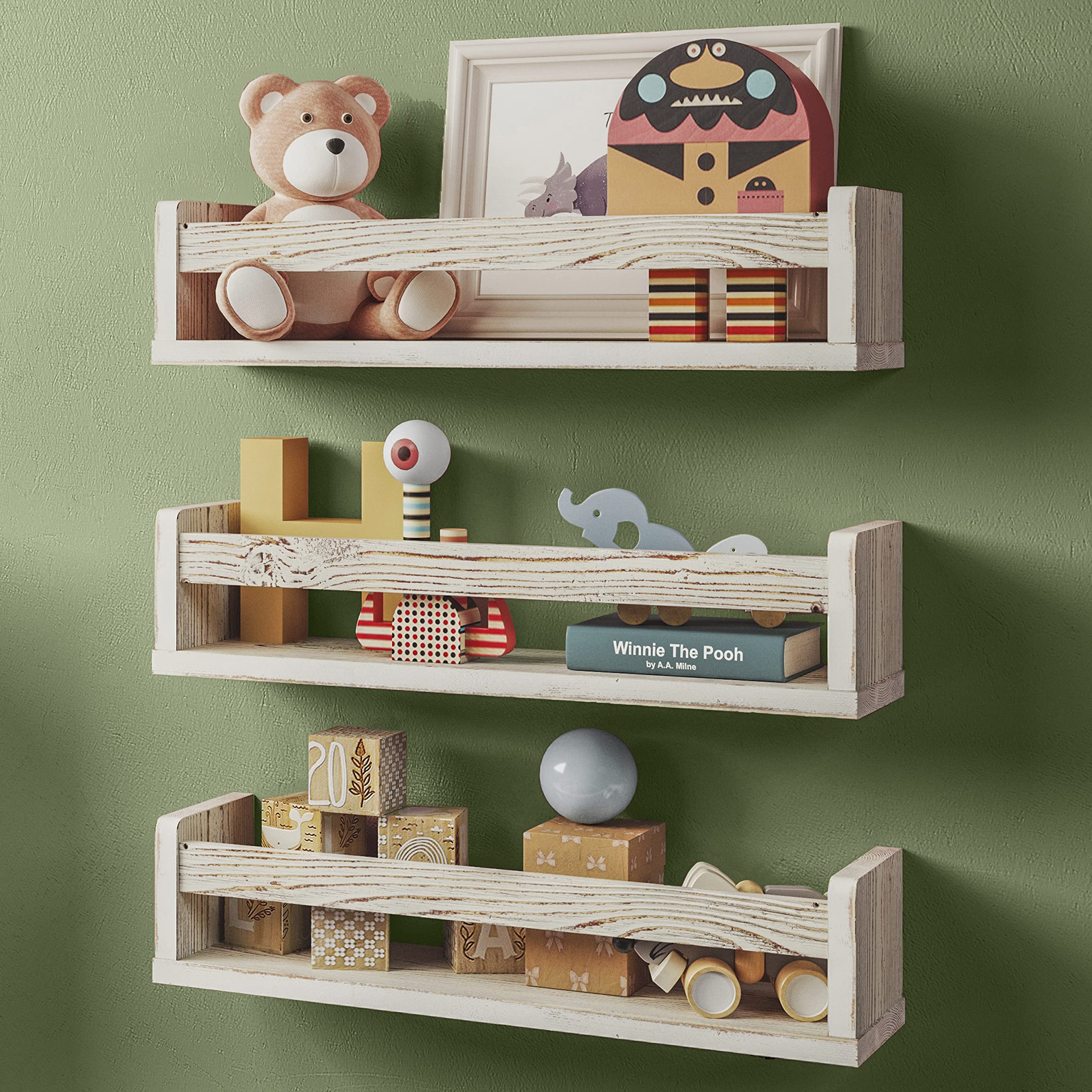 NATURE SUPPLIES Set of 3, 16.4 inch Nursery Book Shelves Made of Solid Wood for Books, Toys, Decor, Wall Kids Bookshelf, Floatin