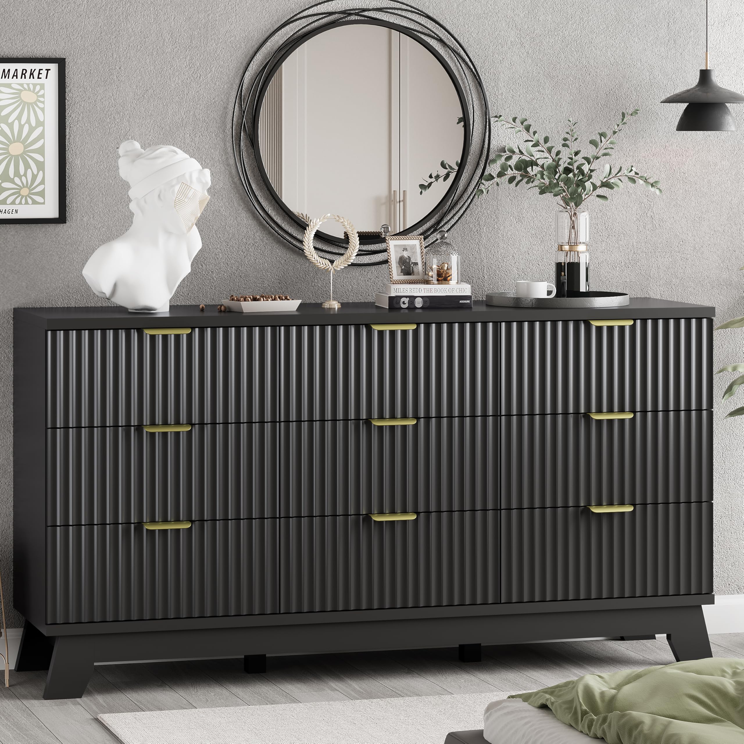 Xixini Fluted Dresser for Bedroom with 9 Drawers, 57 Wide Chest of Drawers with Metal Handle, Modern Wood Dresser TV Stand, Wood